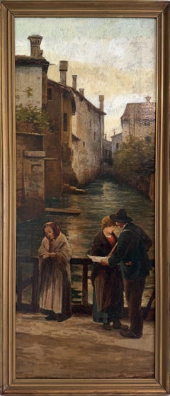 Antike Landschaftsmalerei aus der Venetian School/italienischen Schule von 1913 mit Kanalansicht und Figuren von V. Campiniz