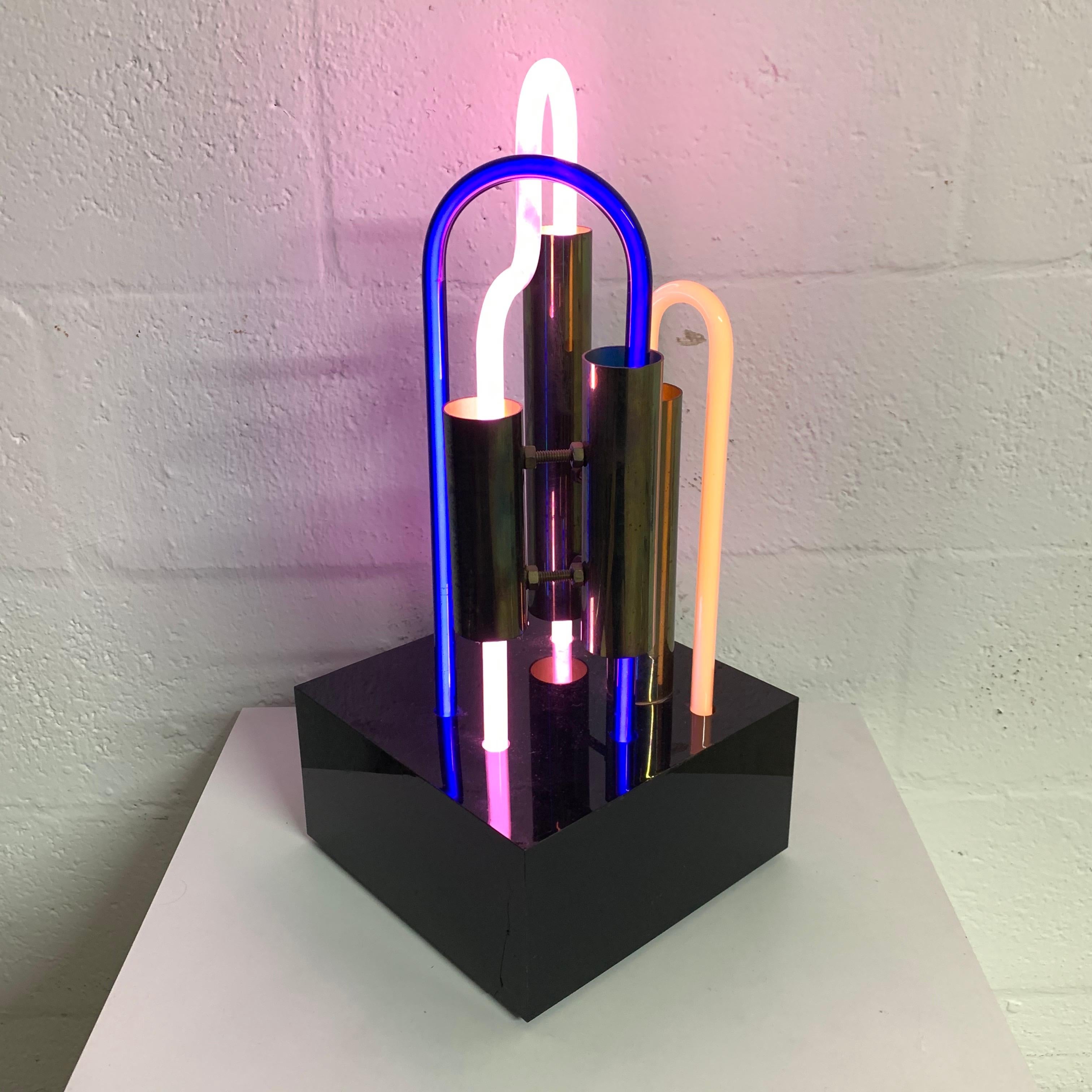 American VCK, ALS #3 Neon Brass and Lucite Sculpture Lamp, Signed, 1985