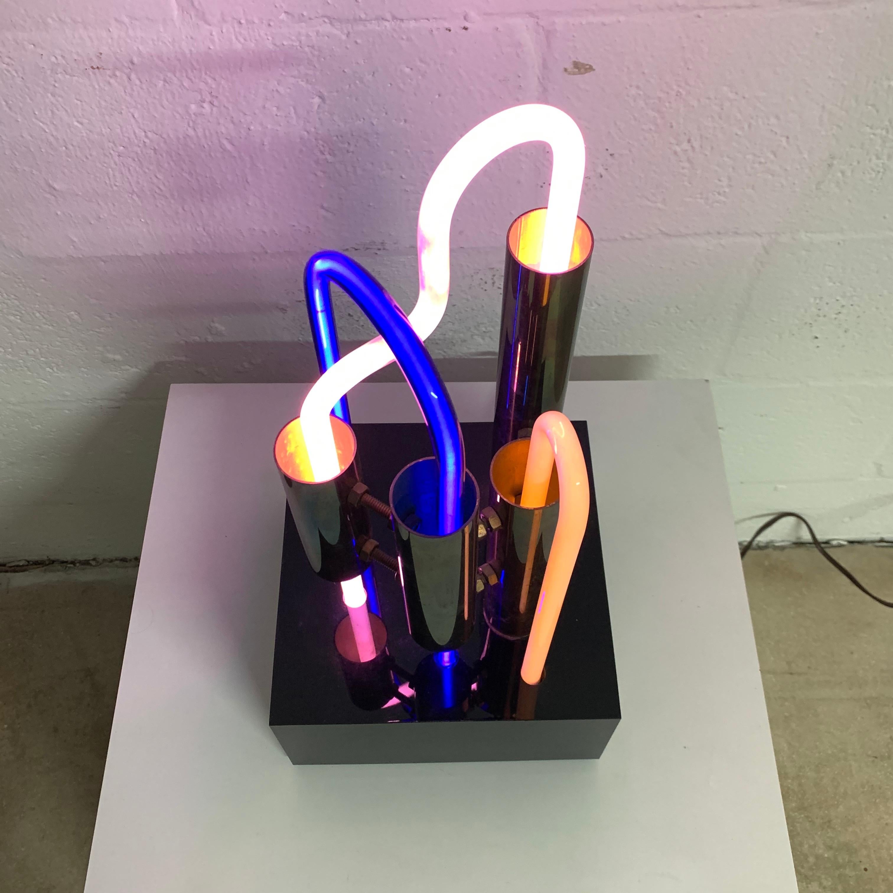 VCK, ALS #3 Neon Brass and Lucite Sculpture Lamp, Signed, 1985 In Good Condition In Miami, FL