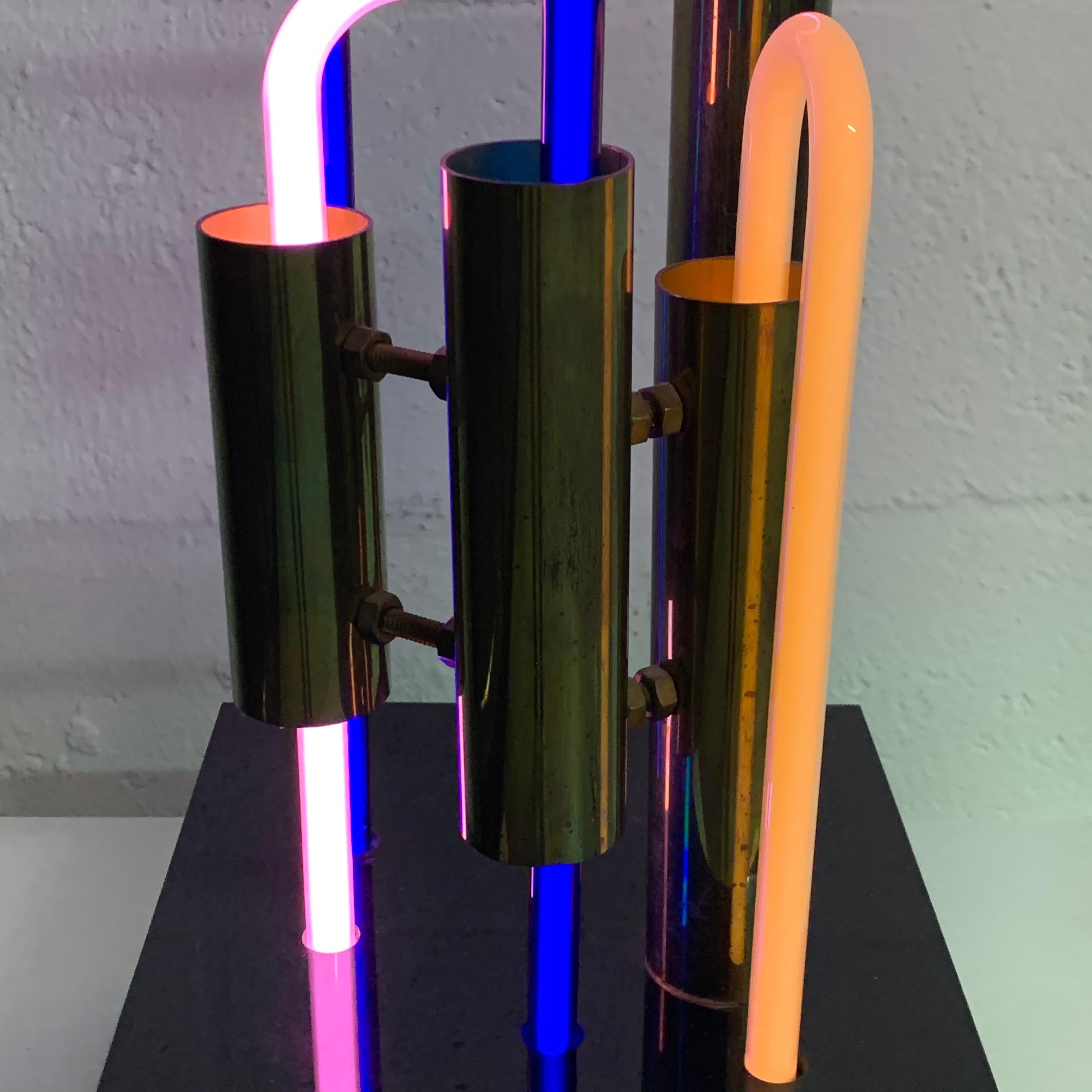 Plexiglass VCK, ALS #3 Neon Brass and Lucite Sculpture Lamp, Signed, 1985