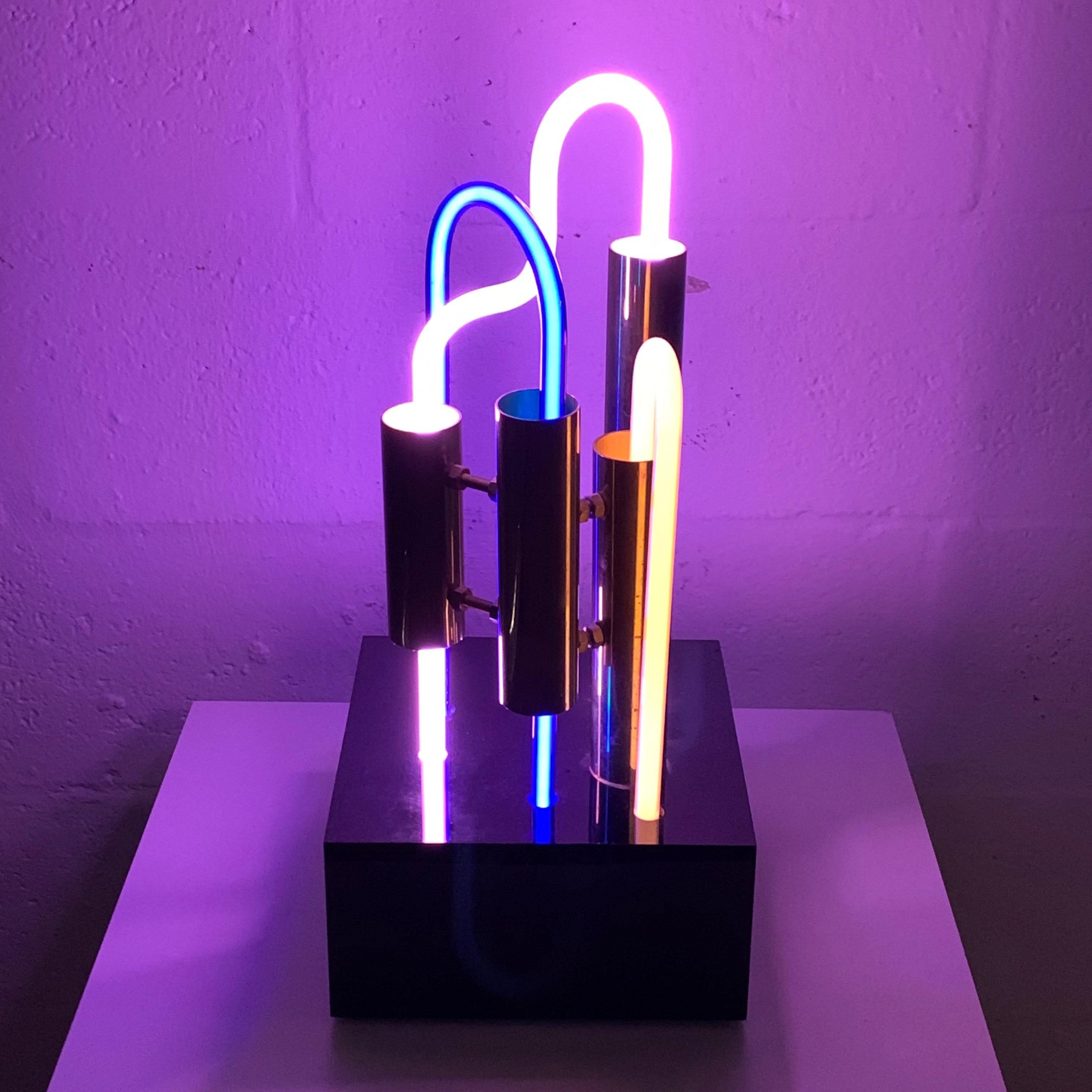VCK, ALS #3 Neon Brass and Lucite Sculpture Lamp, Signed, 1985 1