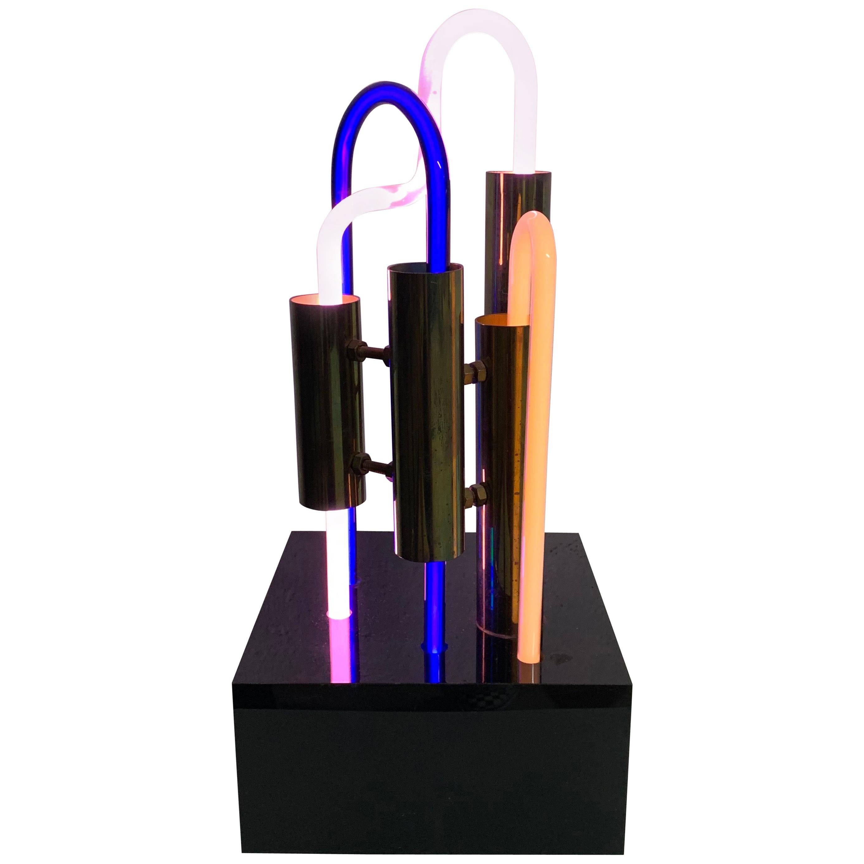 VCK, ALS #3 Neon Brass and Lucite Sculpture Lamp, Signed, 1985