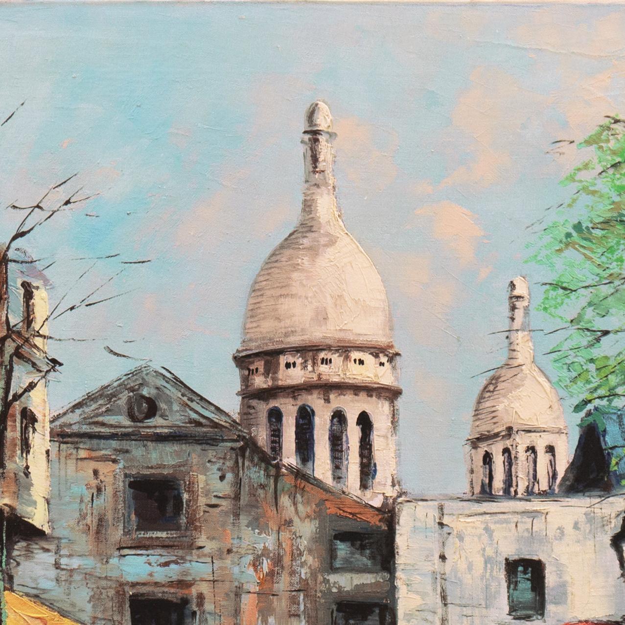 Signed lower left, 'C. de Bruck' (?) and painted circa 1965.

A view of the Place du Tertre in Montmartre with new, spring growth on the trees and various elegant figures shown walking and seated beneath a cafe shade-umbrella with a view beyond