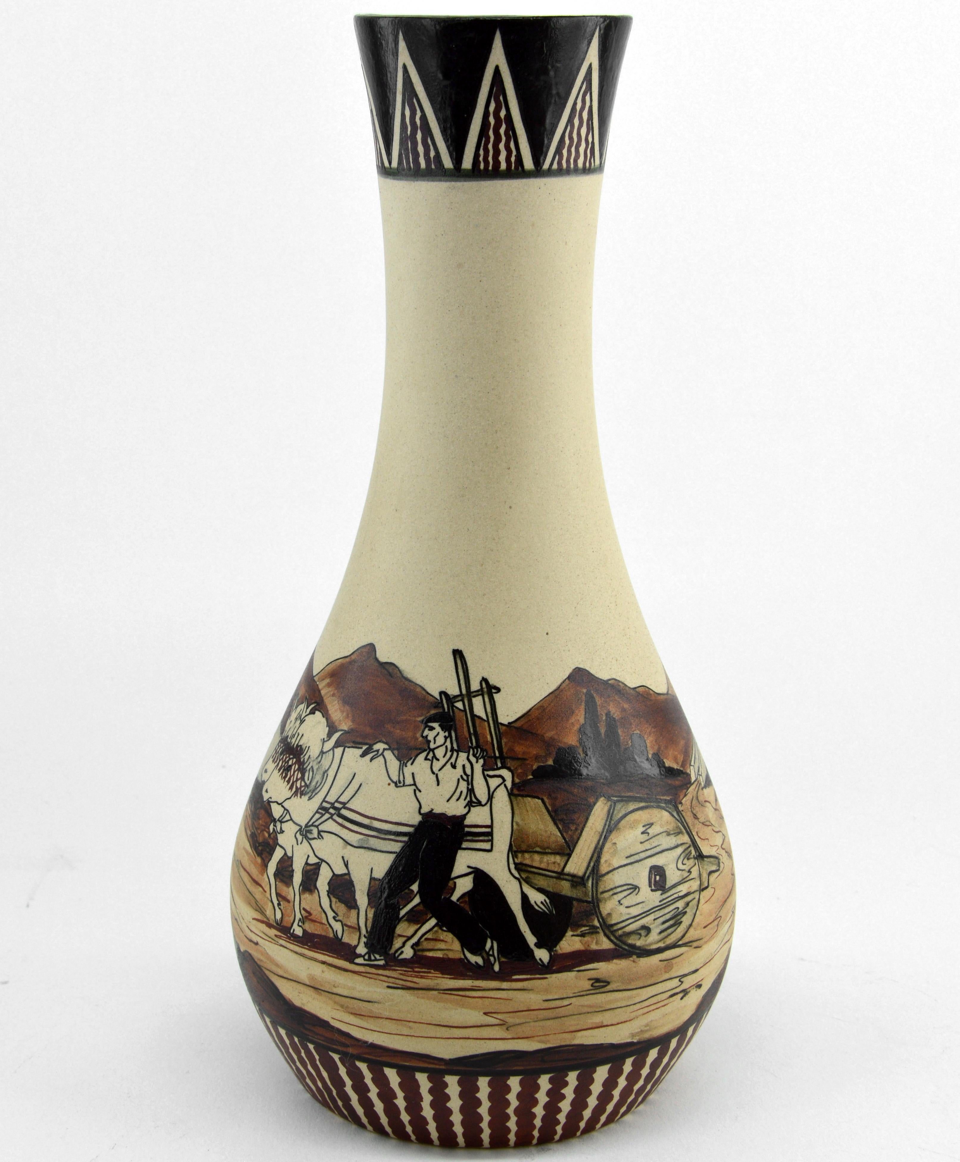 Pair of vases by Richard Le Corrone at Ciboure, France, Basque Country, late 1940s. The pattern is the same on both vases. Just some small differences. Each vase is signed 