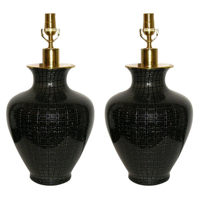 VeArt 1960s Italian Pair of Copper Silver Speckles Black Murano Glass Urn Lamps For Sale 6