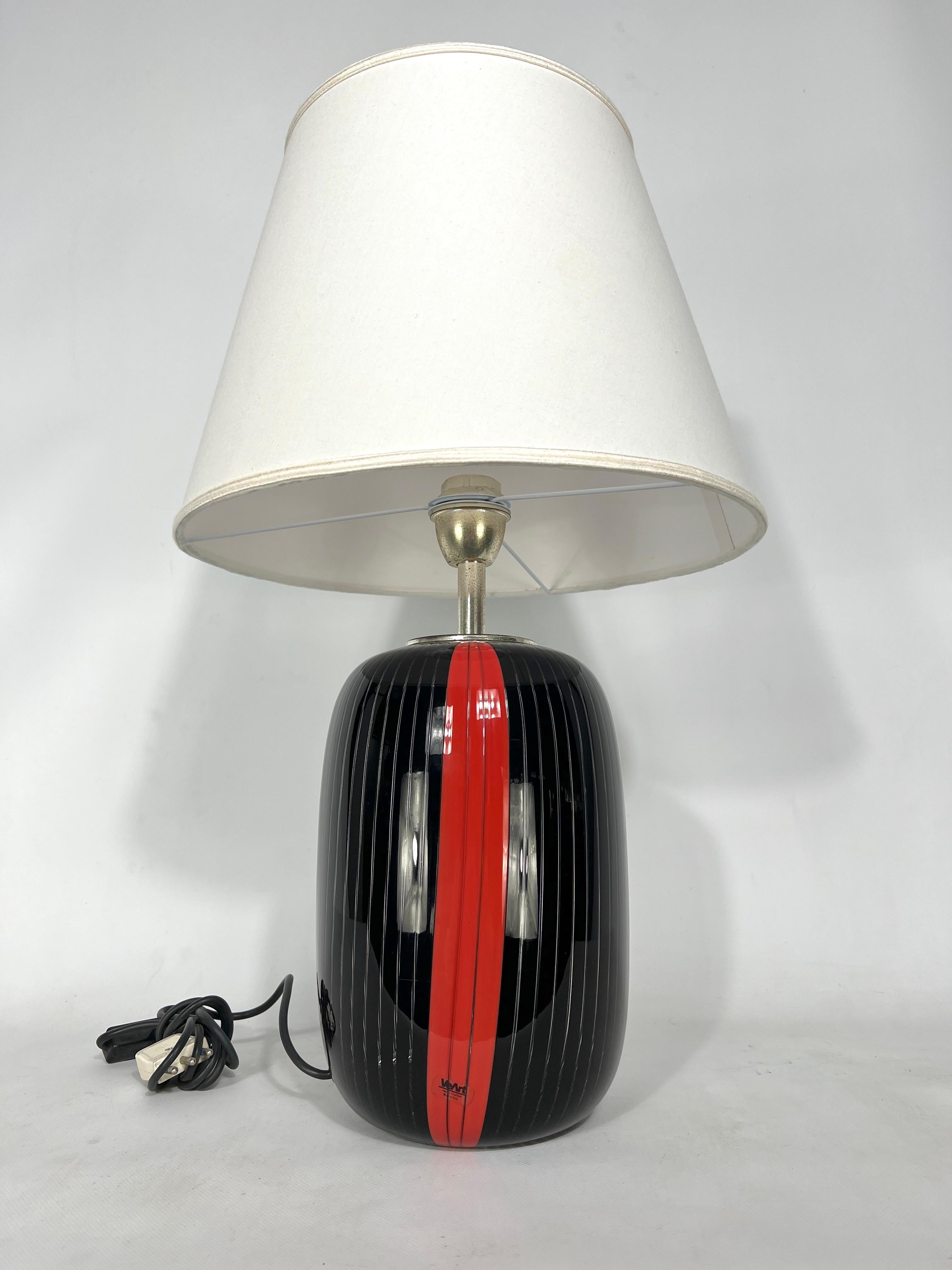 Italian VeArt, black and red Murano glass table lamp from 70s. Labeled For Sale