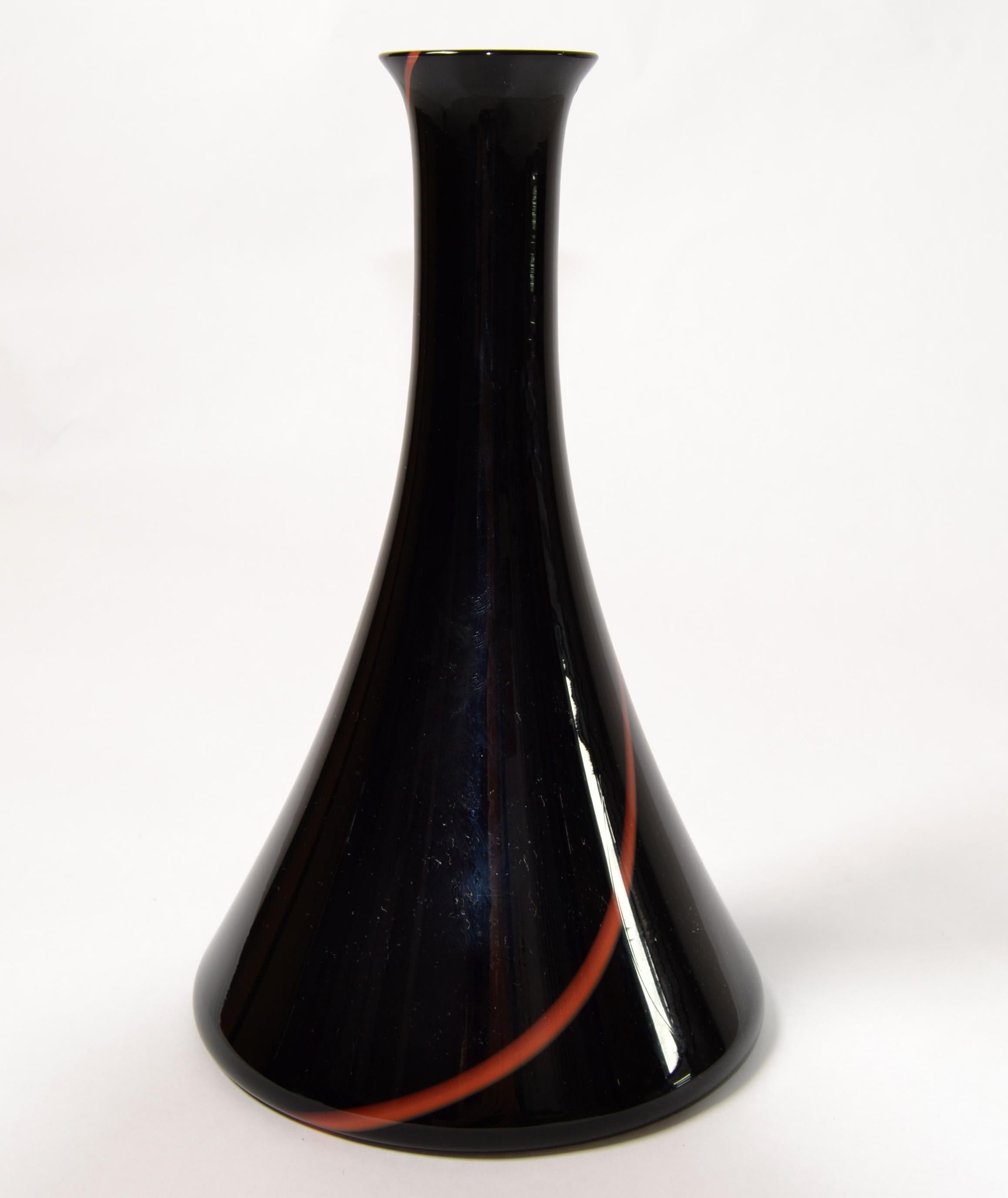 Italian VeArt Italy Murano Art Glass Bud Vases Black Red Swirl Cone Mid-Century Modern  For Sale