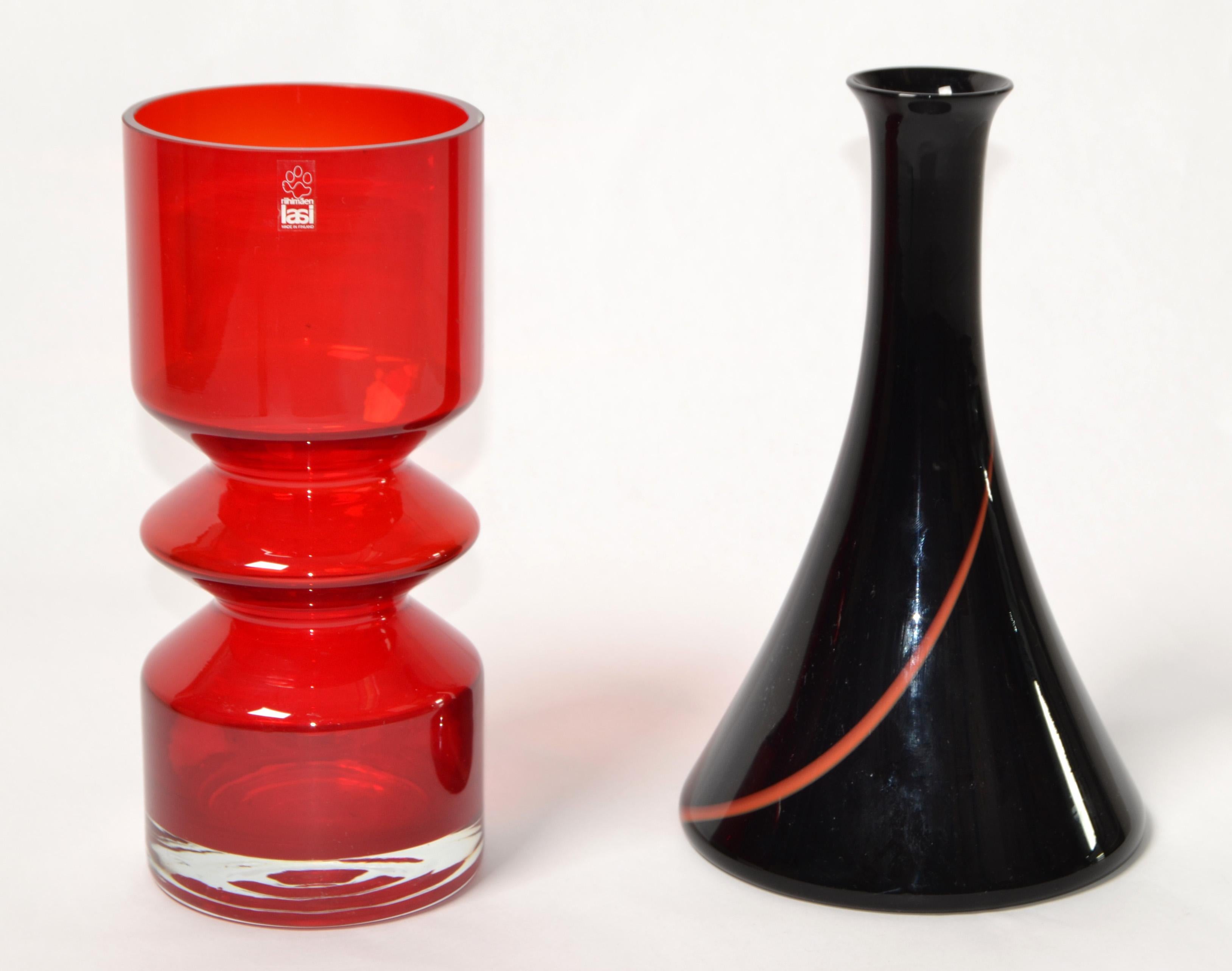 VeArt Italy Murano Art Glass Bud Vases Black Red Swirl Cone Mid-Century Modern  In Good Condition For Sale In Miami, FL