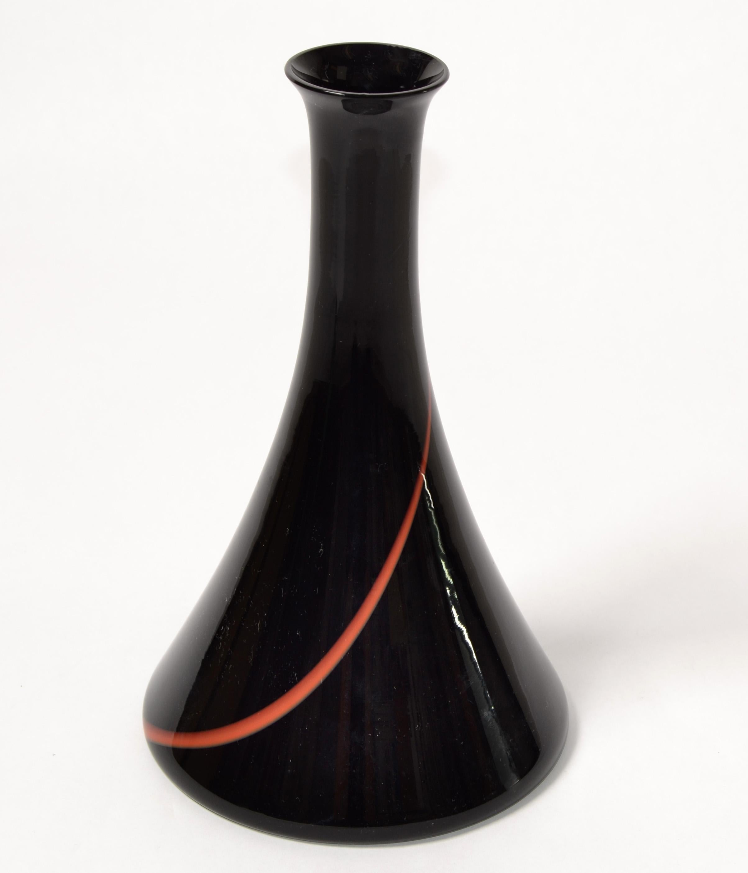 Blown Glass VeArt Italy Murano Art Glass Bud Vases Black Red Swirl Cone Mid-Century Modern  For Sale