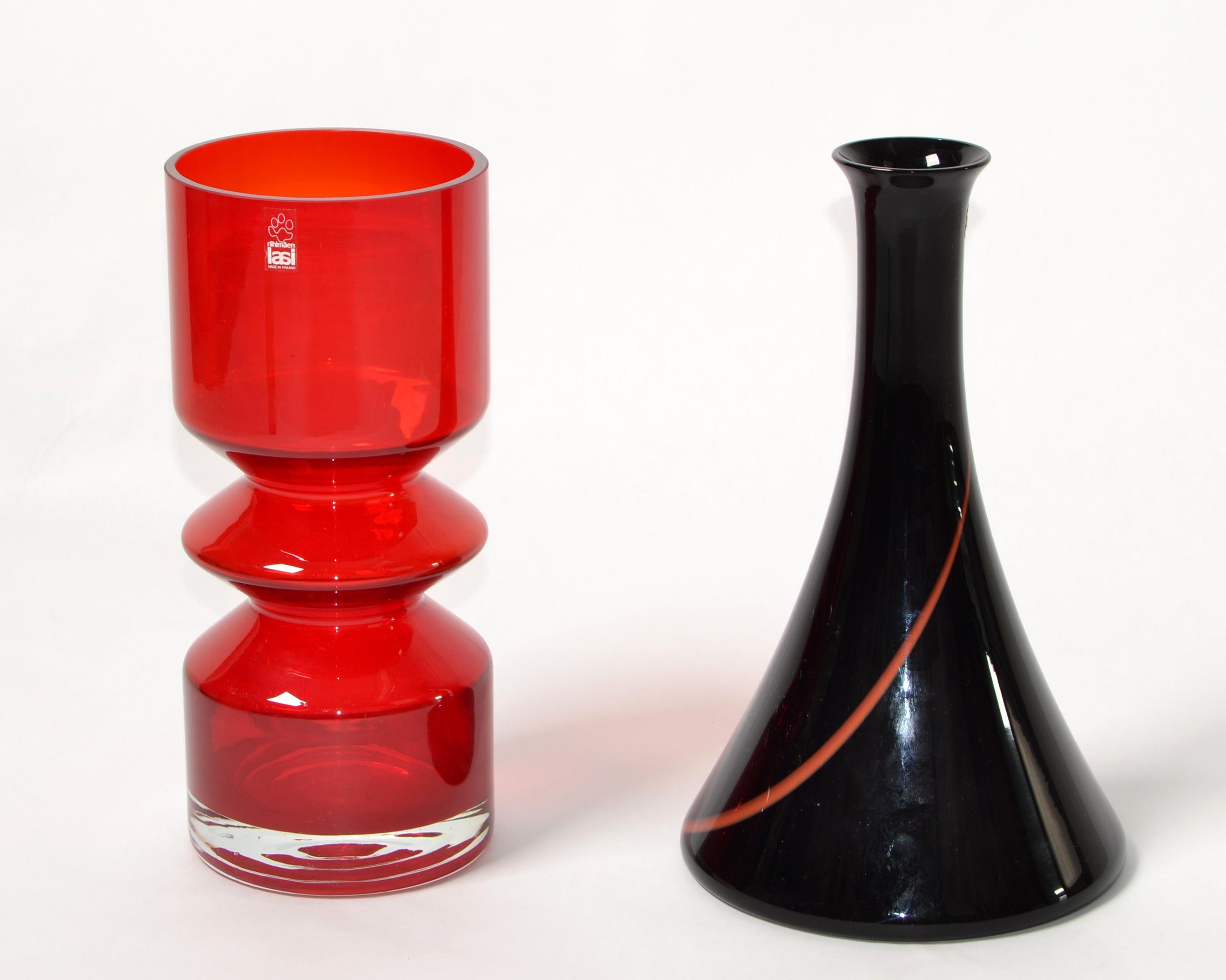 VeArt Italy Murano Art Glass Bud Vases Black Red Swirl Cone Mid-Century Modern  For Sale 2
