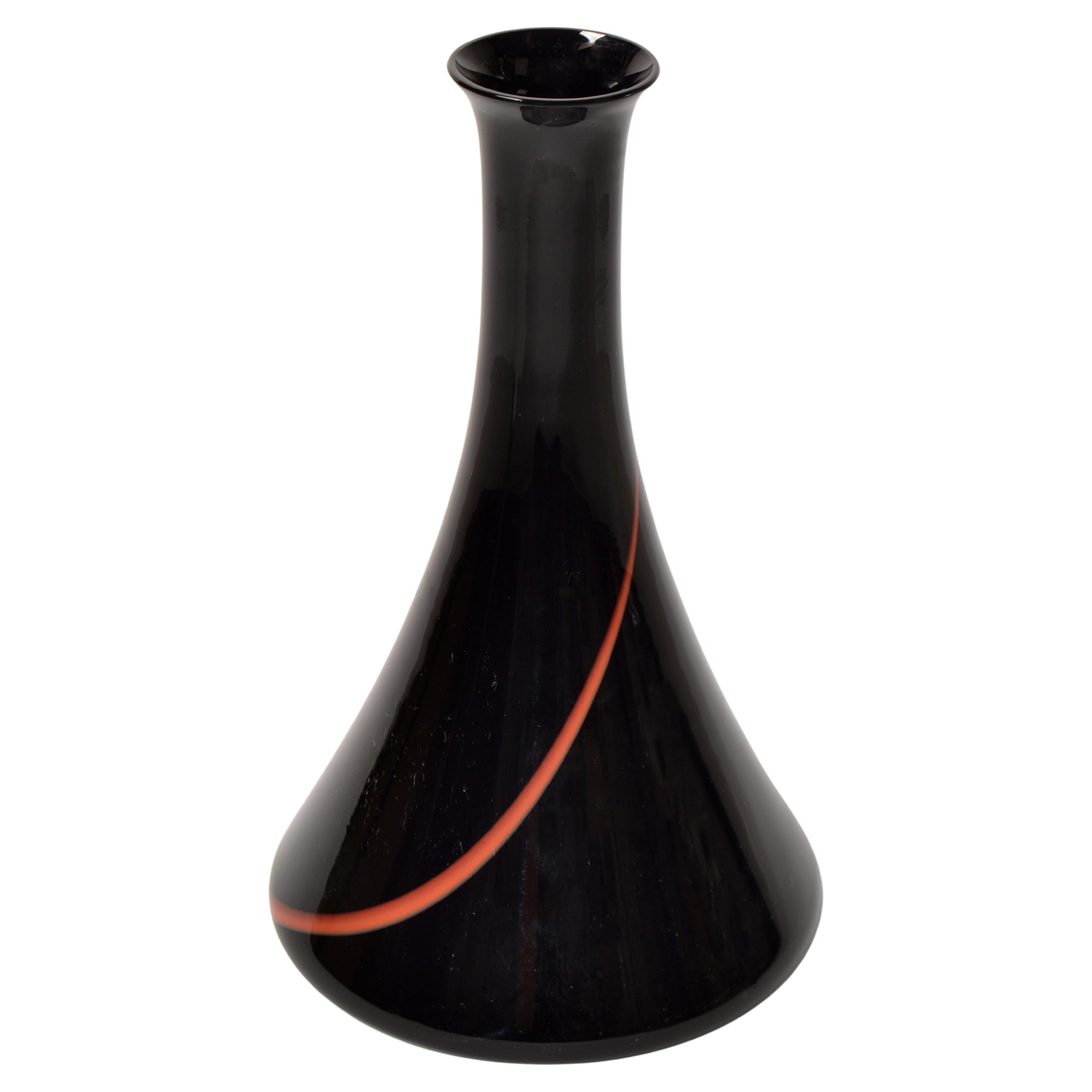 VeArt Italy Murano Art Glass Bud Vases Black Red Swirl Cone Mid-Century Modern  For Sale