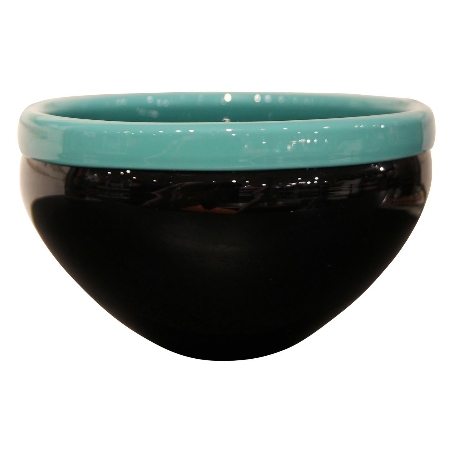 Art Deco VeArt Murano Minimal Glass Black and Turquoise Bowl