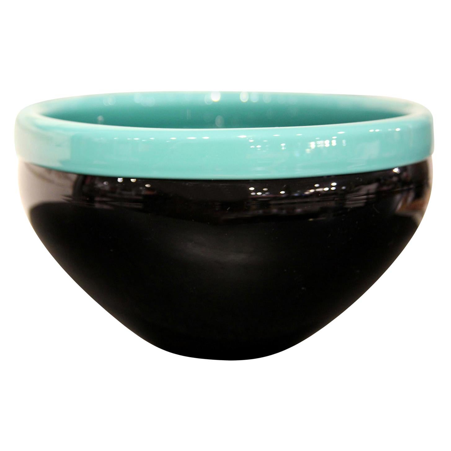 VeArt Murano Minimal Glass Black and Turquoise Bowl
