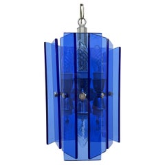 Vintage Veca blue glass hanging lamp , 1970s italy