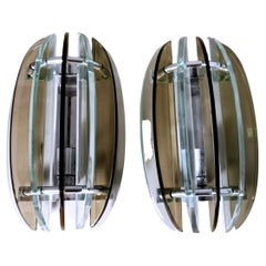 Veca For Fontana Arte Pair Of Italian Steel And 7 Crystal Wall Sconces