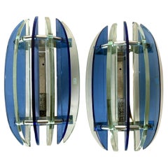 Veca For Fontana Arte Pair Of Italian Wall Sconces Steel And Seven Crystal