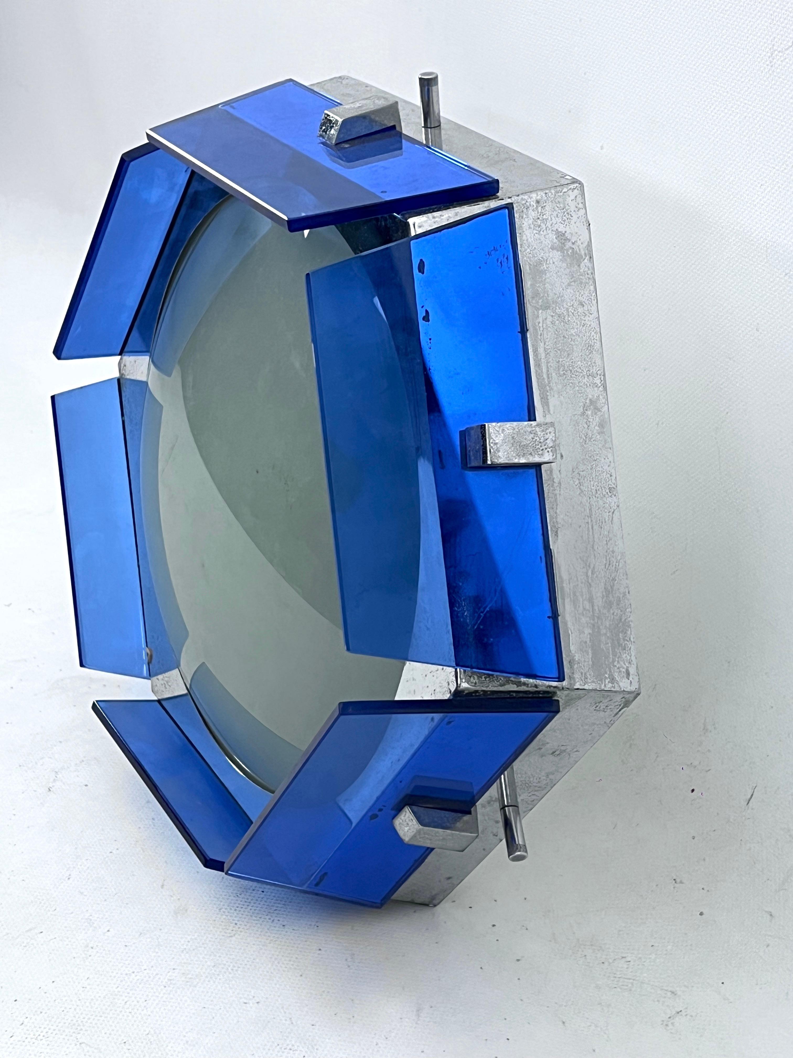 Veca, large exagonal ceiling lamp in blue glass and chrome. Italy 1970s 3