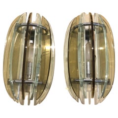Veca Mid-Century Modern Pair of Italian Glass and Metal Wall Sconces
