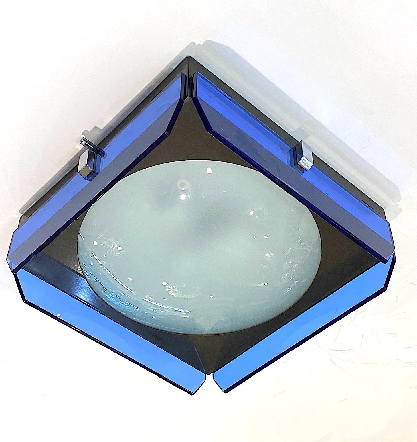 Veca Midcentury Italian Blue Glass Flush Mount Fixture In Good Condition In New York, NY