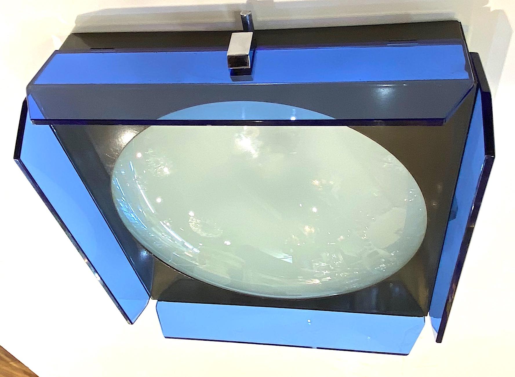 Metal Veca Midcentury Italian Blue Glass Flush Mount Fixture