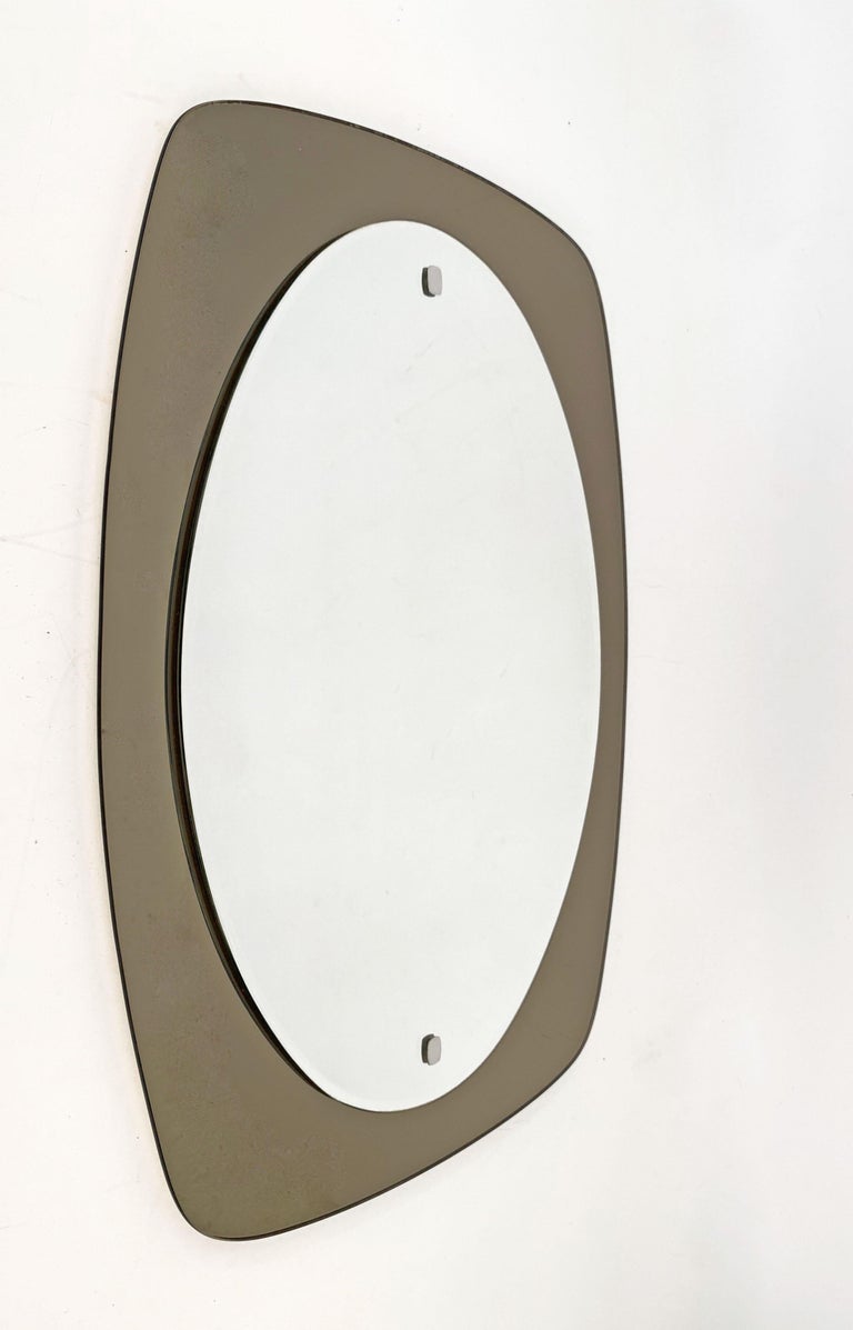 Late 20th Century Veca Midcentury Italian Oval Wall Mirror with Bronzed Glass Frame, 1970s For Sale