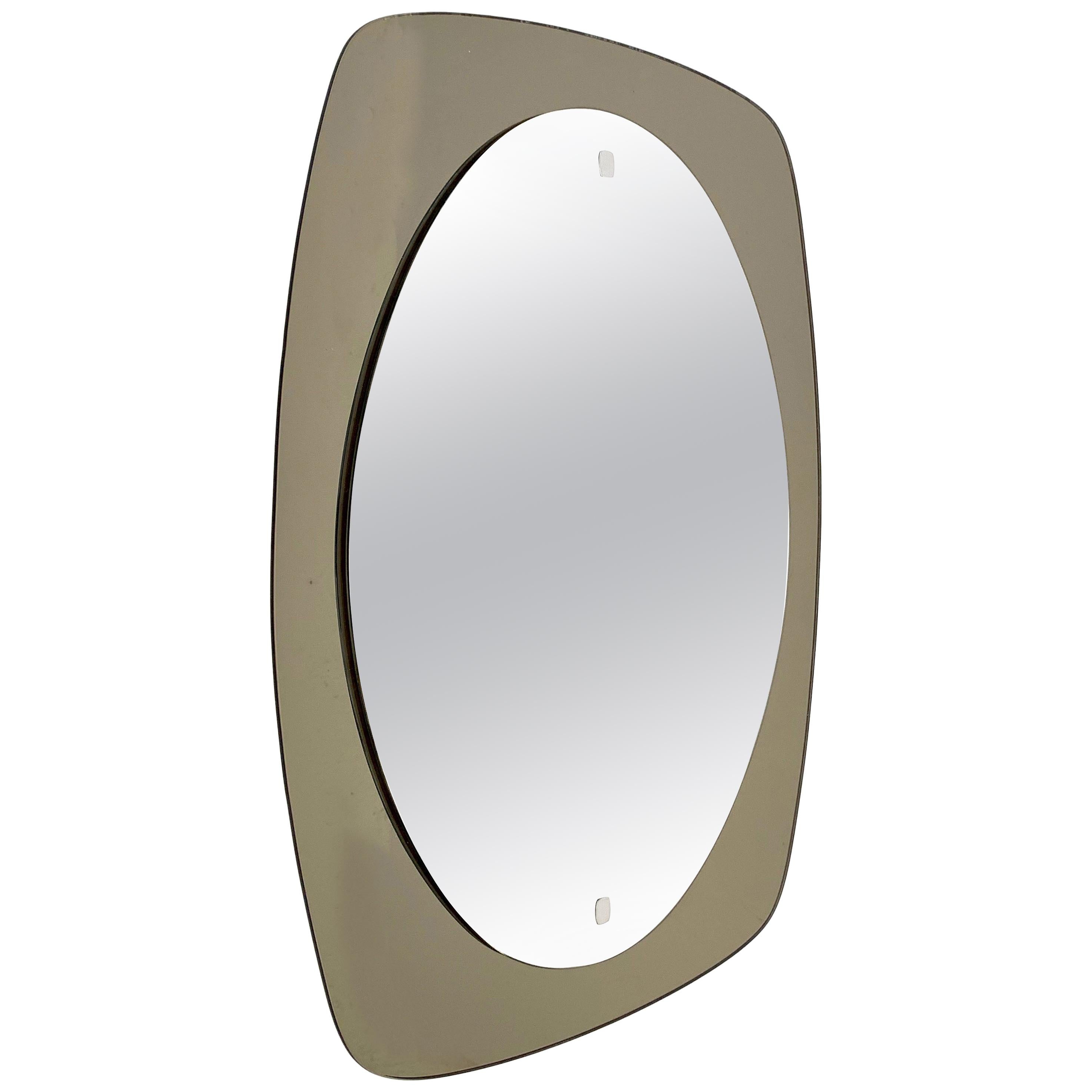 Veca Midcentury Italian Oval Wall Mirror with Bronzed Glass Frame, 1970s