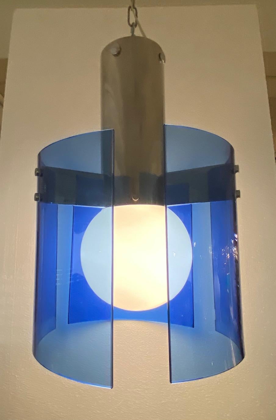 Veca of Italy 1970s Chrome & Blue Glass Panel Pendant or Ceiling Mount Light For Sale 13