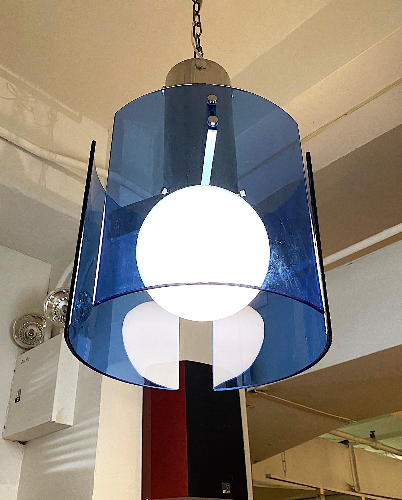 European Veca of Italy 1970s Chrome & Blue Glass Panel Pendant or Ceiling Mount Light For Sale