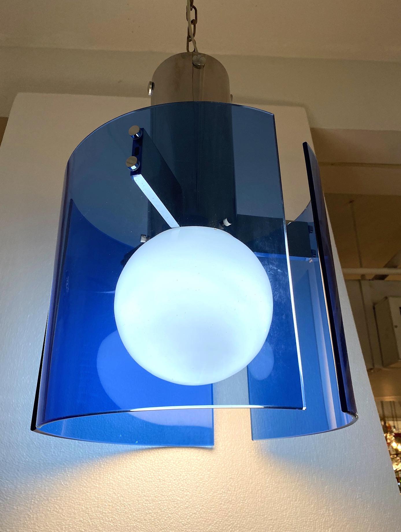 Veca of Italy 1970s Chrome & Blue Glass Panel Pendant or Ceiling Mount Light In Good Condition For Sale In New York, NY