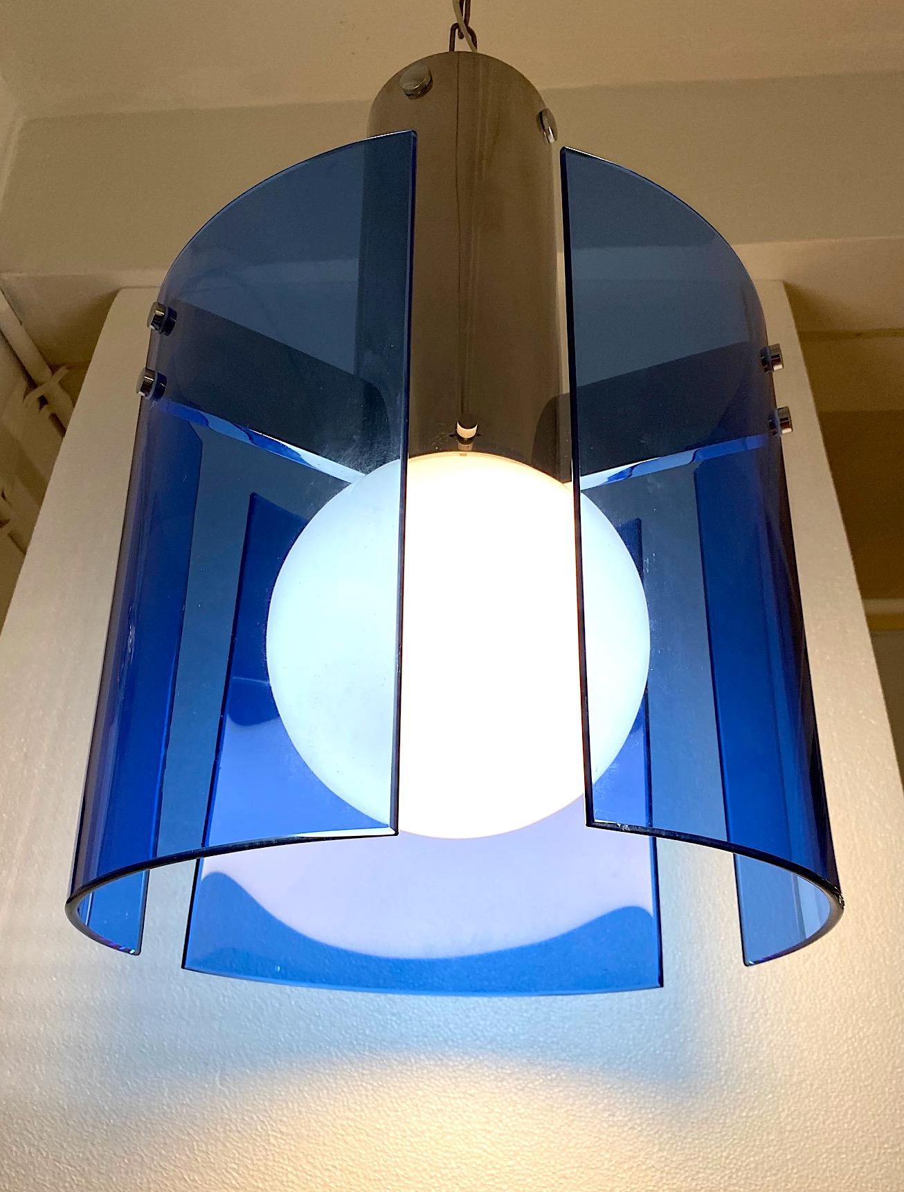 Veca of Italy 1970s Chrome & Blue Glass Panel Pendant or Ceiling Mount Light For Sale 1