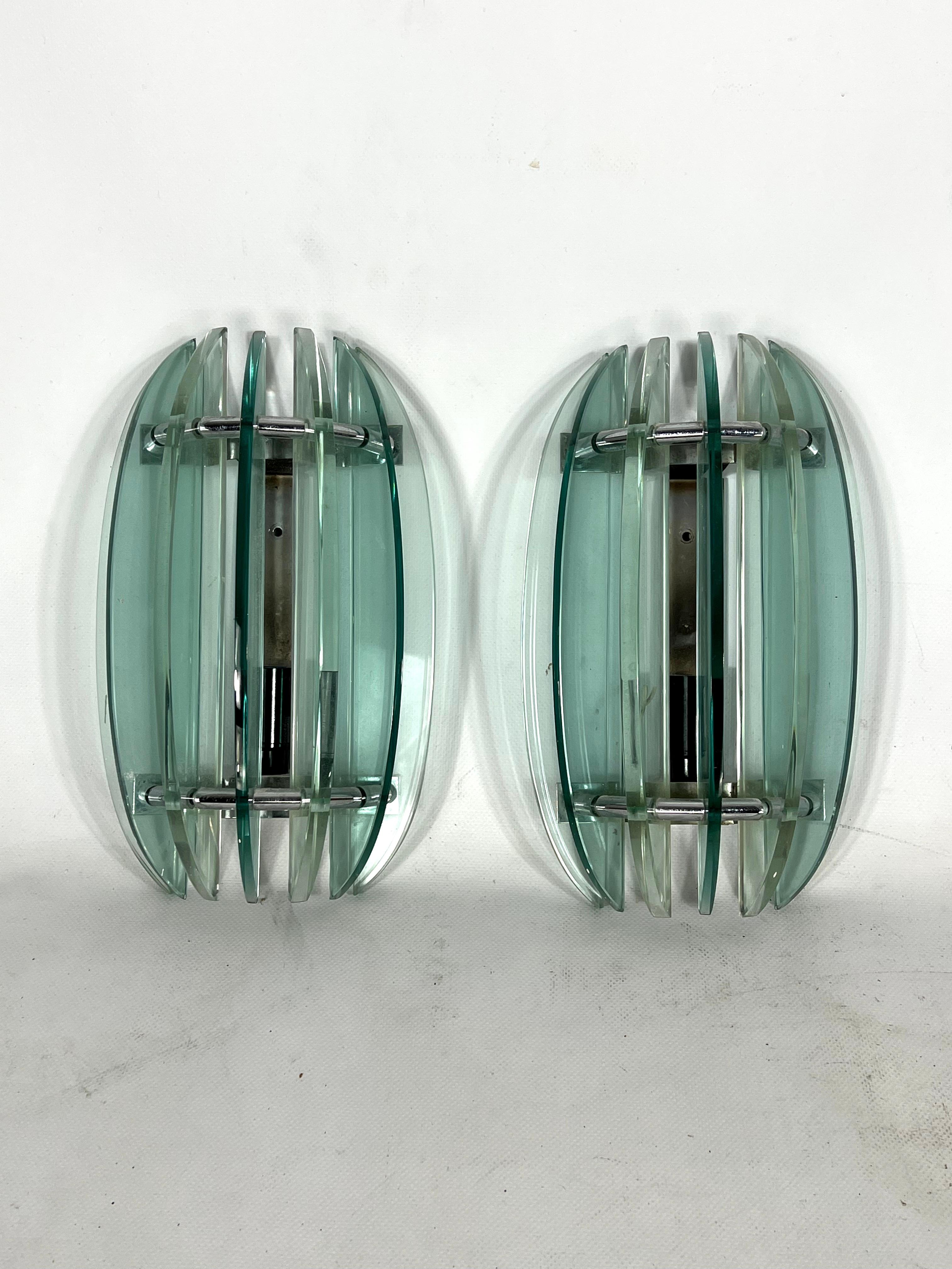 Veca, Pair of Vintage Italian Signed Clear Glass Sconces from 60s 3