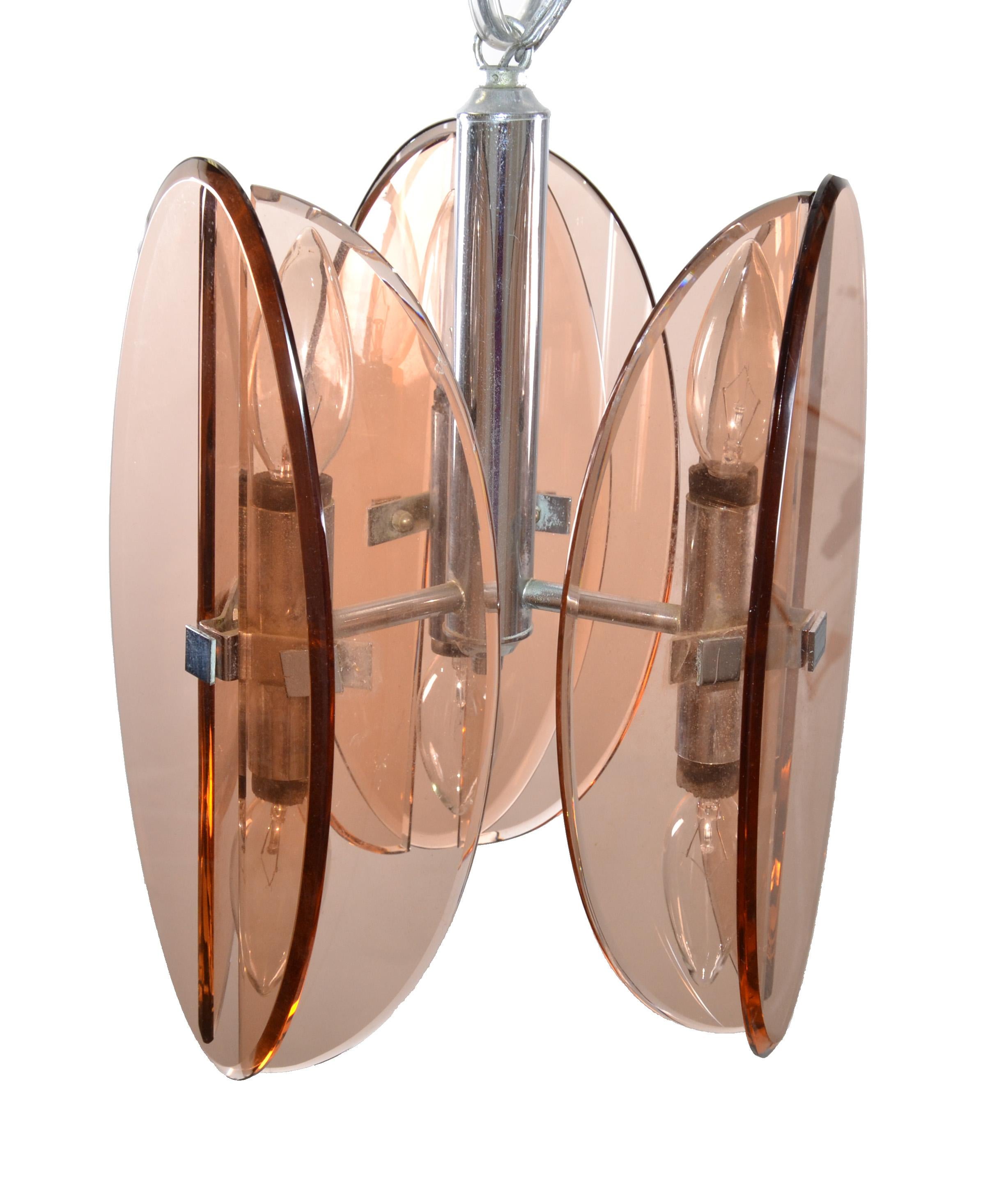Veca Pink Murano Glass and Chrome Six-Light Chandelier Mid-Century Modern Italy 5
