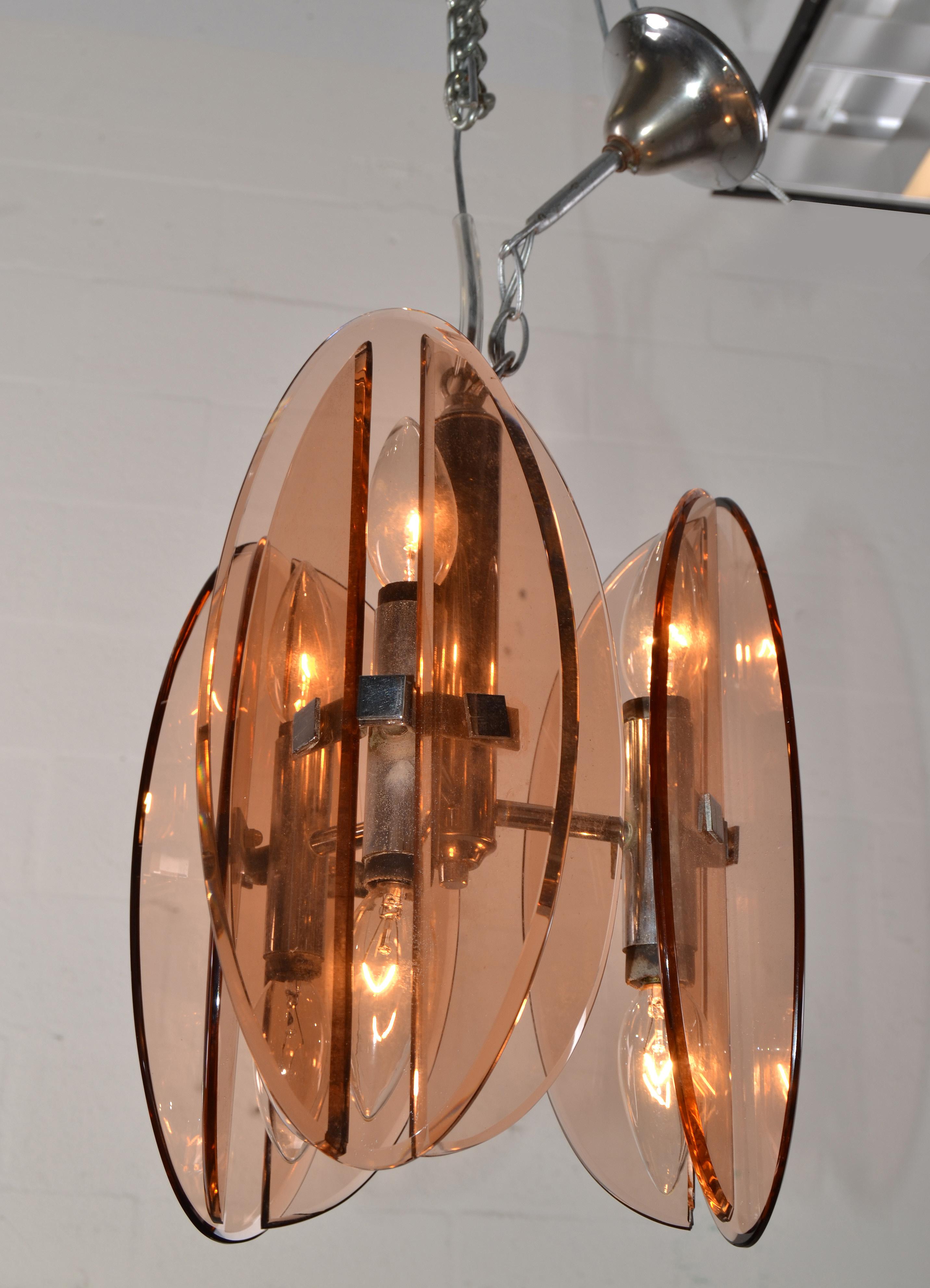 Late 20th Century Veca Pink Murano Glass and Chrome Six-Light Chandelier Mid-Century Modern Italy