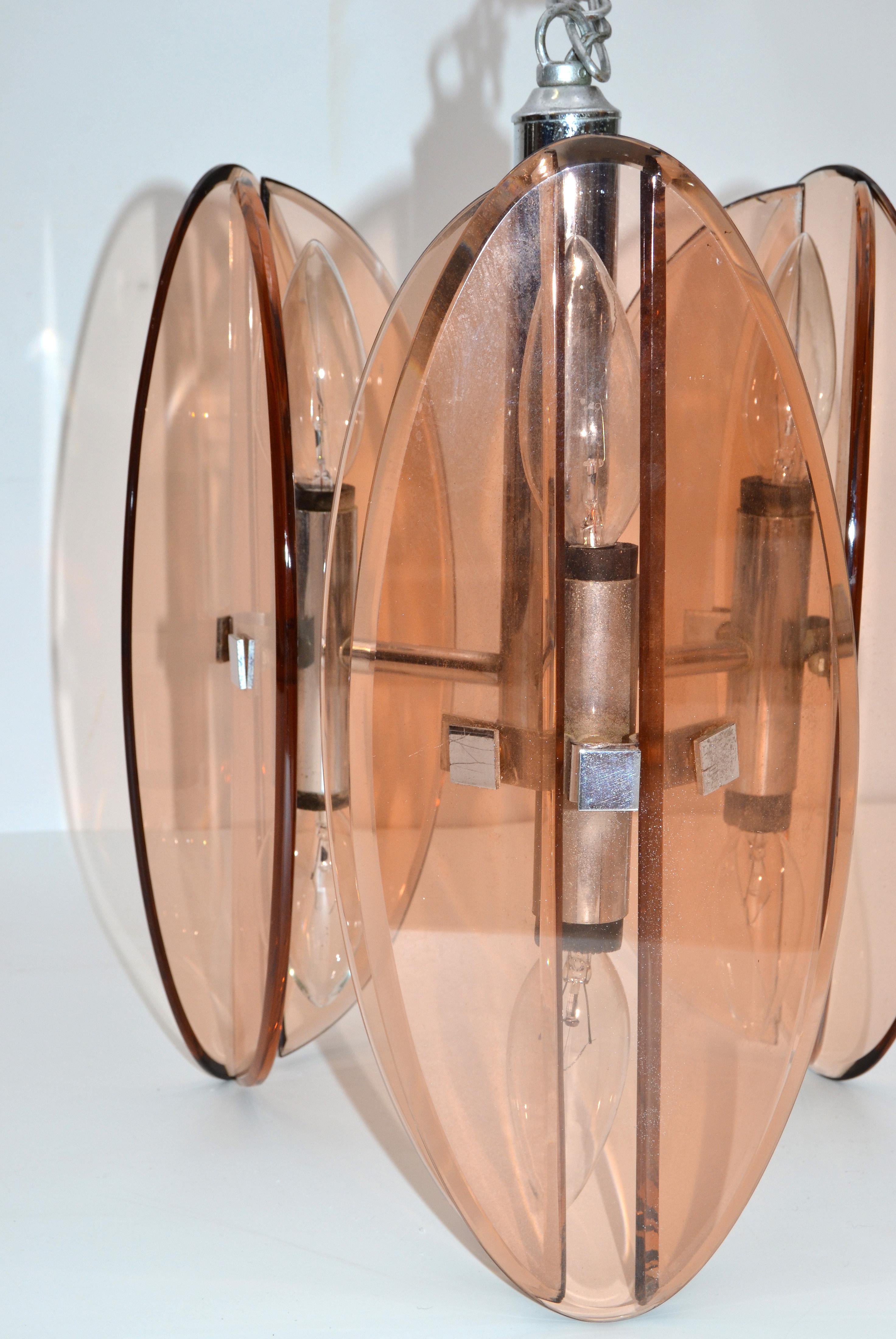 Veca Pink Murano Glass and Chrome Six-Light Chandelier Mid-Century Modern Italy 2