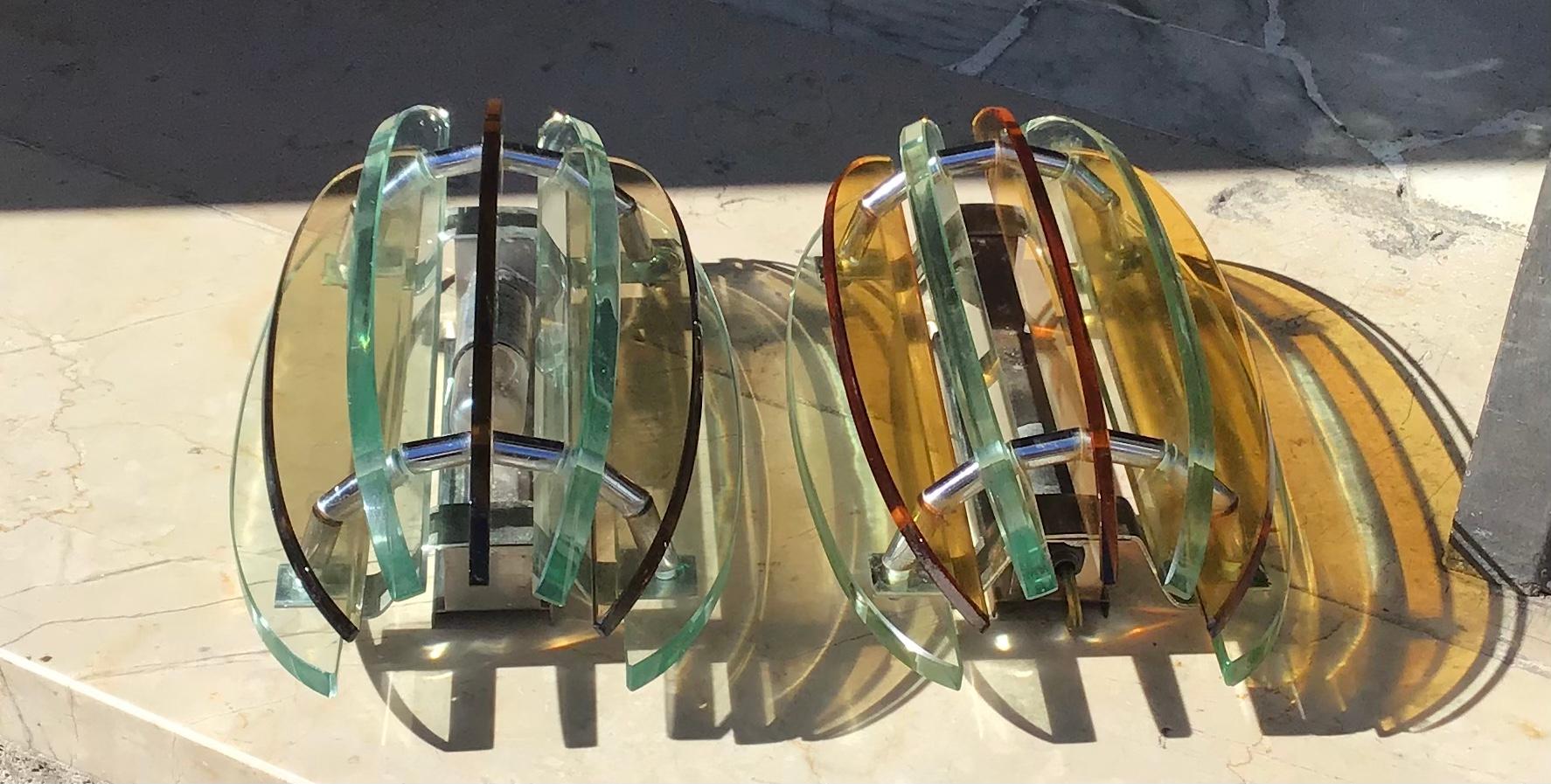 Italian Veca Sconces Glass Metal, 1955, Italy  For Sale