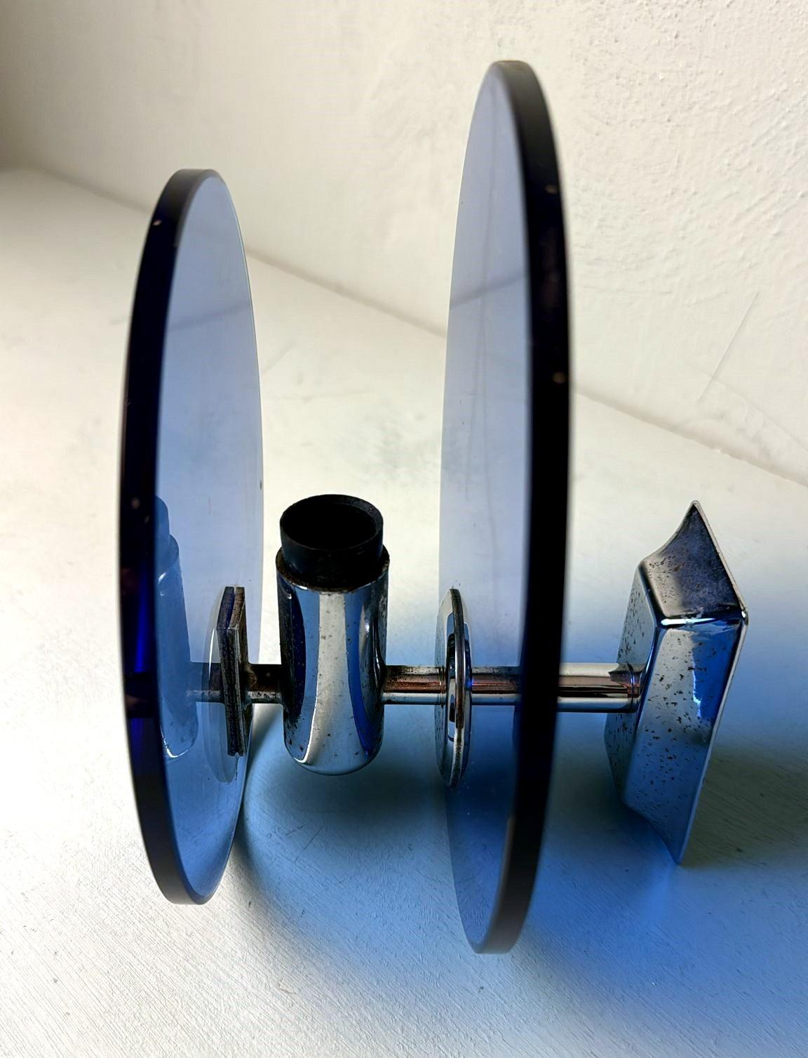 Paar italienische Wandleuchter aus blauem Glas und vernickeltem Messing im Veca-Stil im Angebot 4