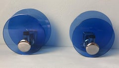 Veca Style Pair Of Italian Blue Glass And Nickel-Plated Brass Wall Sconces