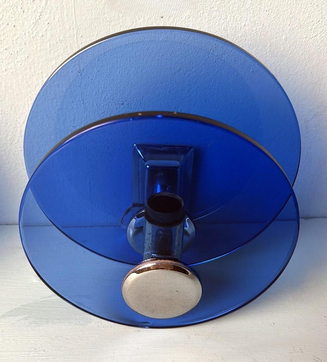 Paar italienische Wandleuchter aus blauem Glas und vernickeltem Messing im Veca-Stil im Angebot 1