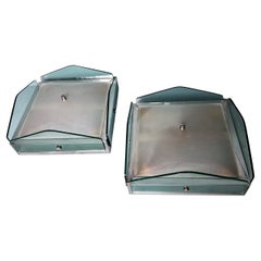 Veca-Style Pair of Italian Ceiling Lights in Metal and Glass