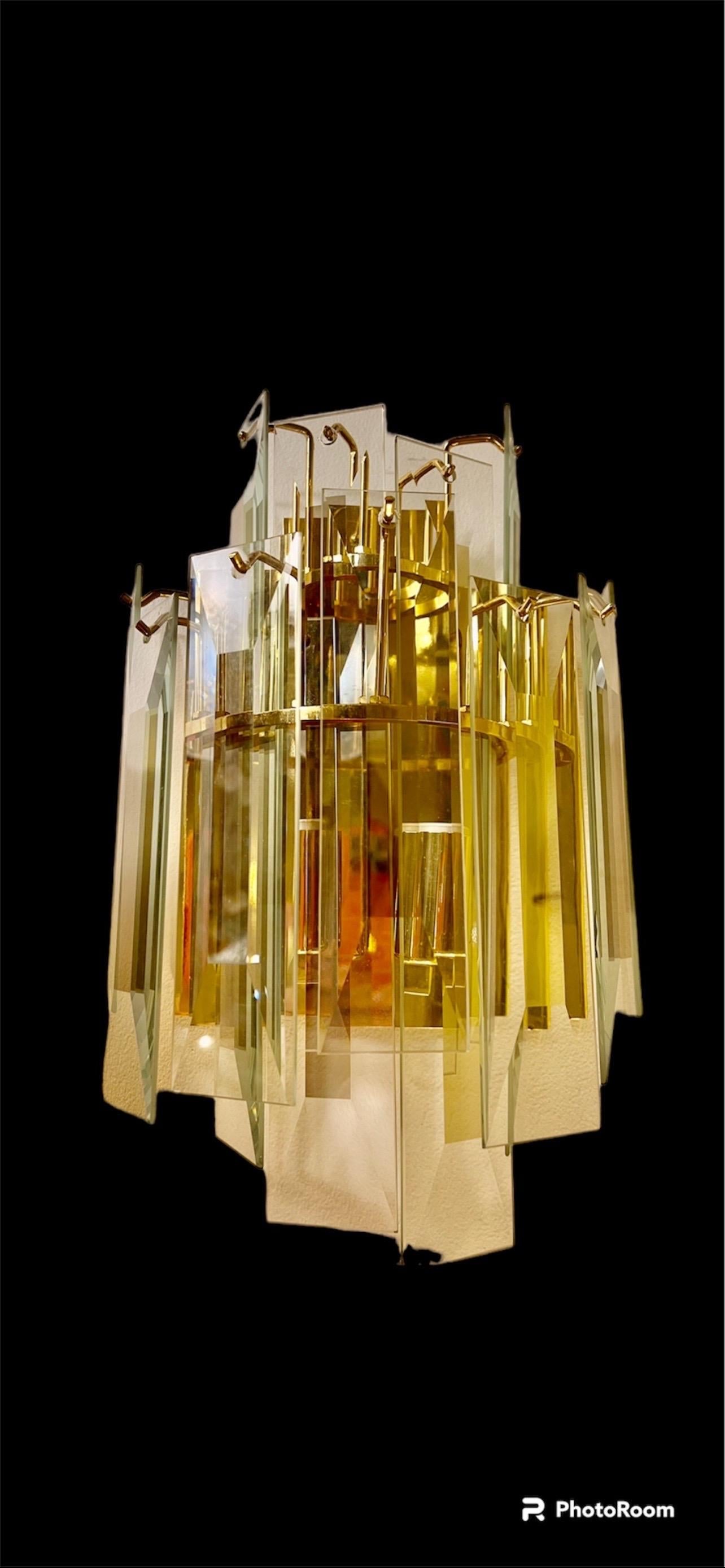 Mid-Century Modern Veca Wall Lighting pair glass and gilt gold stucture, Italy, 1980 For Sale