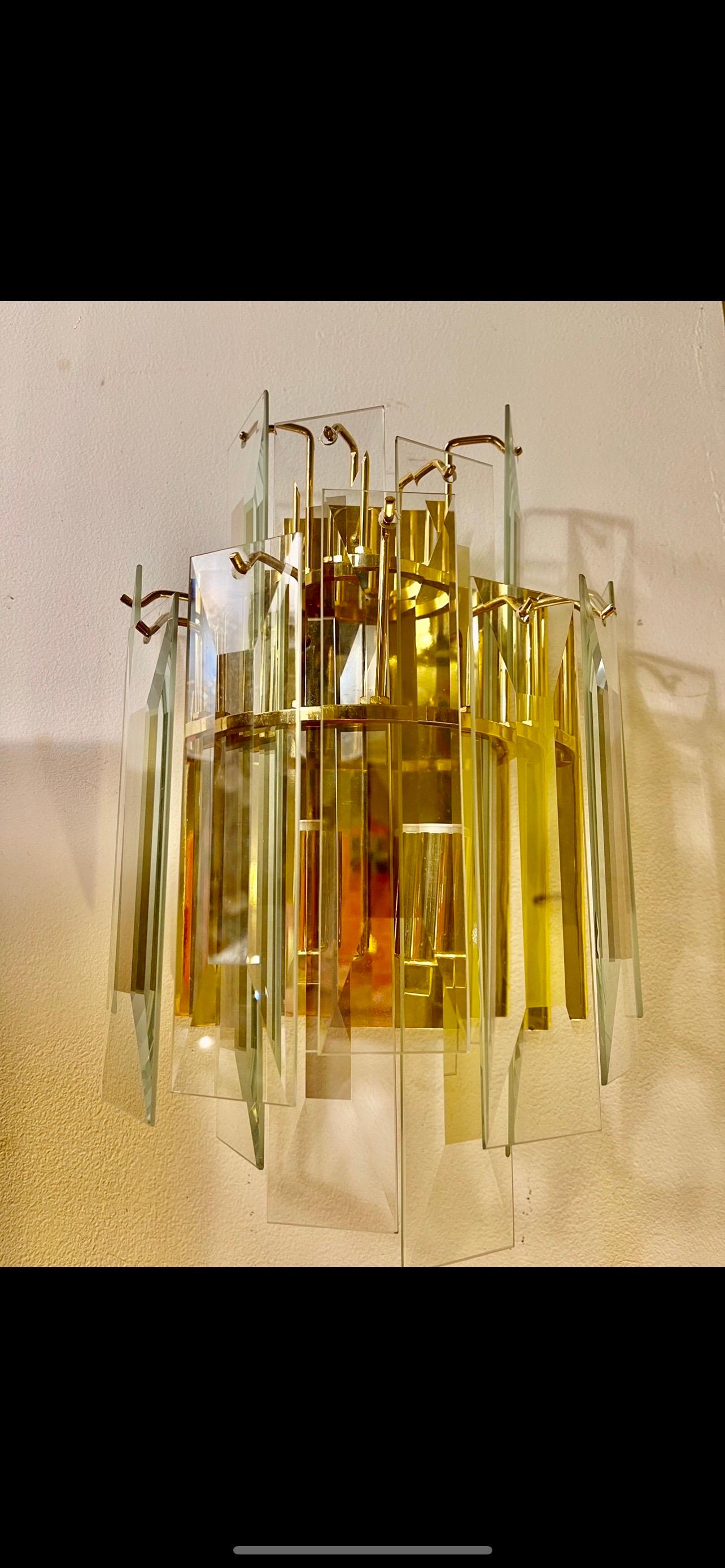 Veca Wall Lighting pair glass and gilt gold stucture, Italy, 1980 For Sale 1