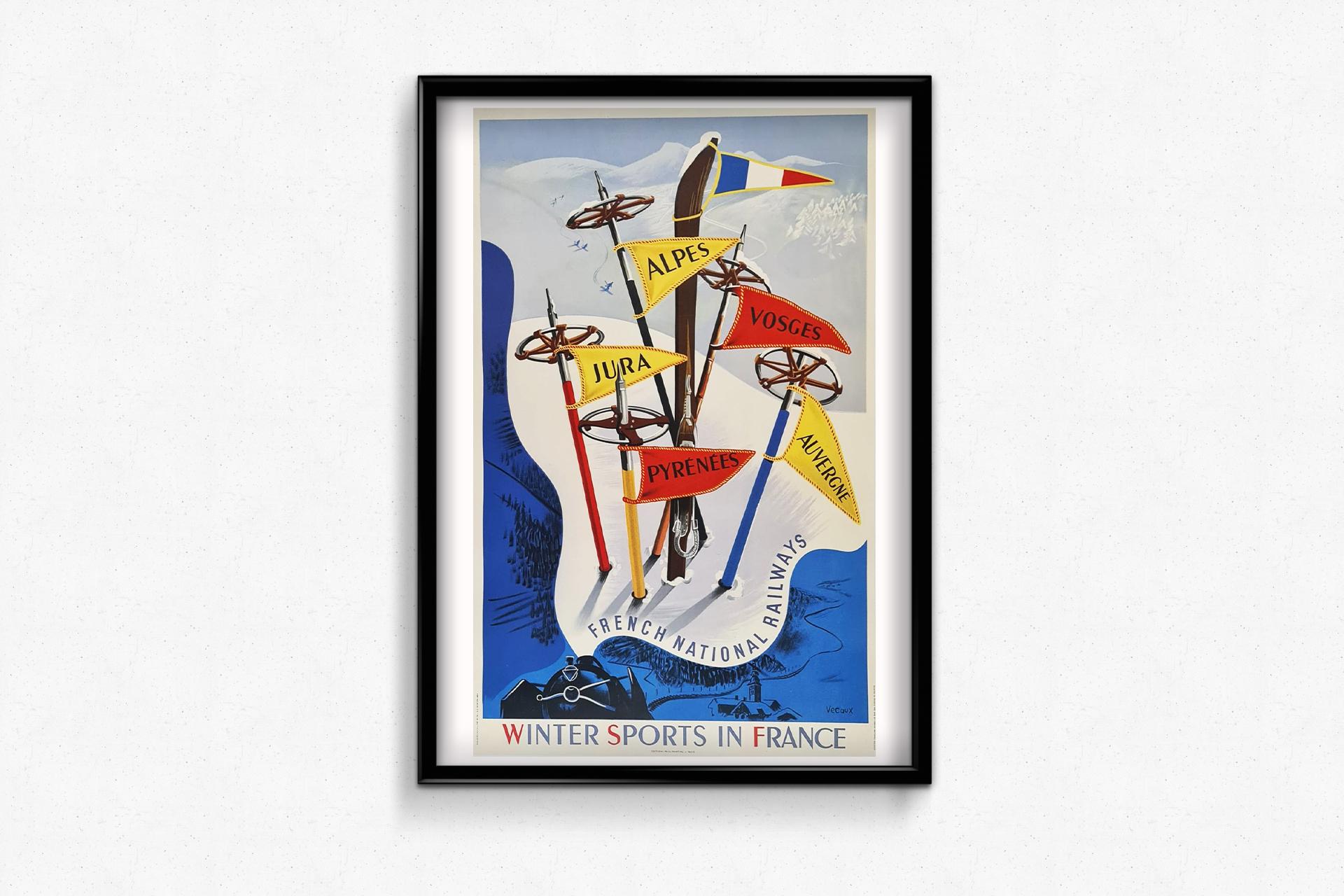 1947 Original ski poster was by Vecoux Winter Sports In France - SNCF railway For Sale 1