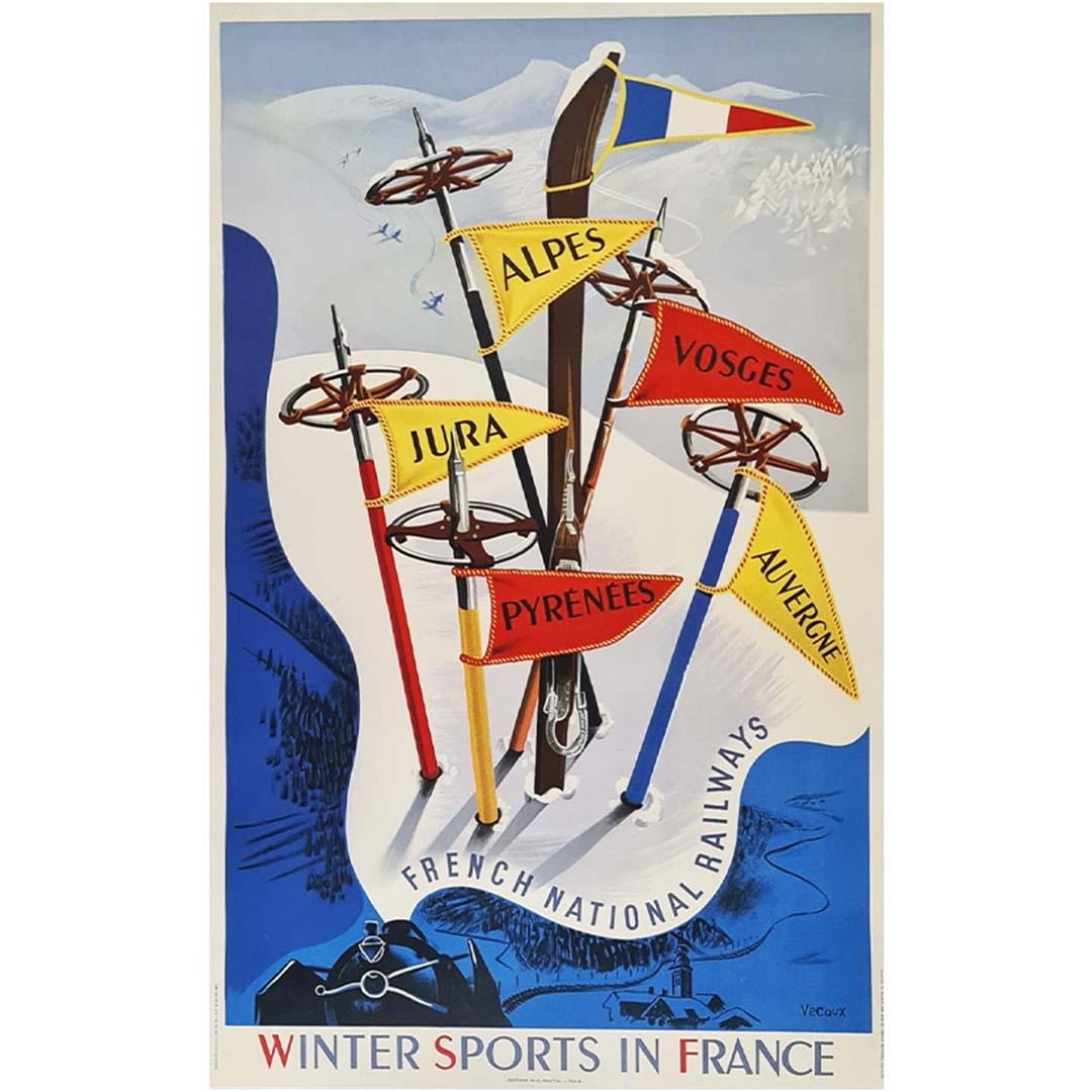 1947 Original ski poster was by Vecoux Winter Sports In France - SNCF railway For Sale 2