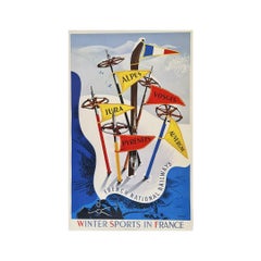 Vintage 1947 Original ski poster was by Vecoux Winter Sports In France - SNCF railway
