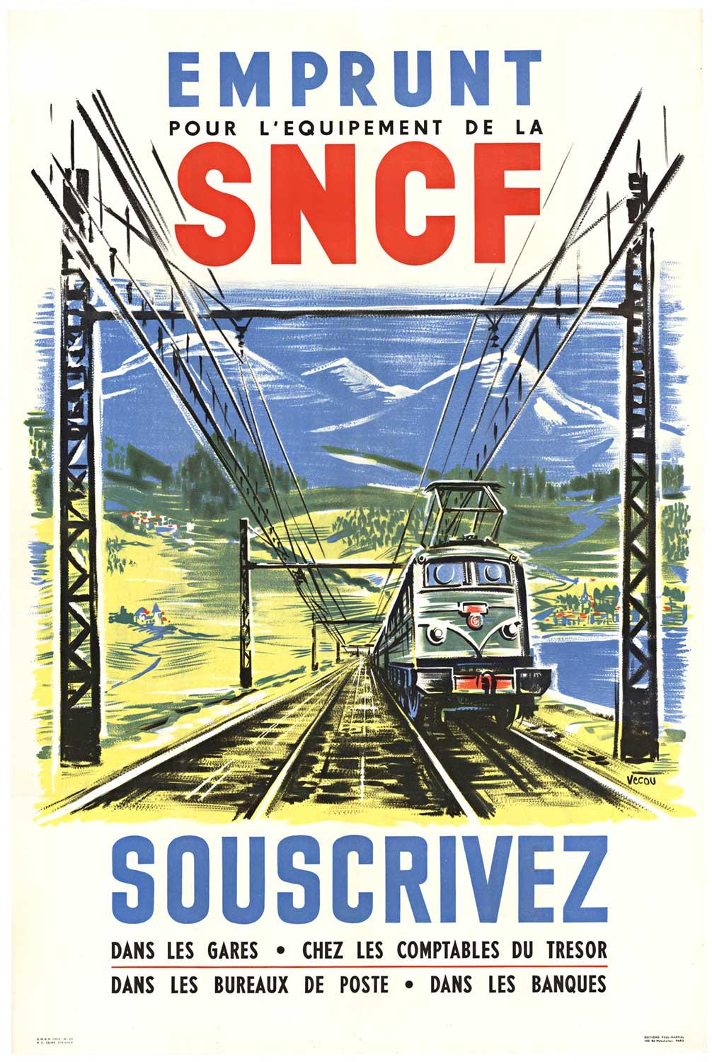 Vecoux Landscape Print - Original "Emprunt SNCF Souscrivez" 1953, vintage railroad poster