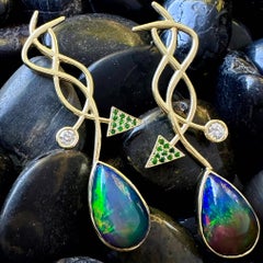"Vectra" 18K Gold Earrings with Ethiopian Black Opals, Diamonds & Tsavorites
