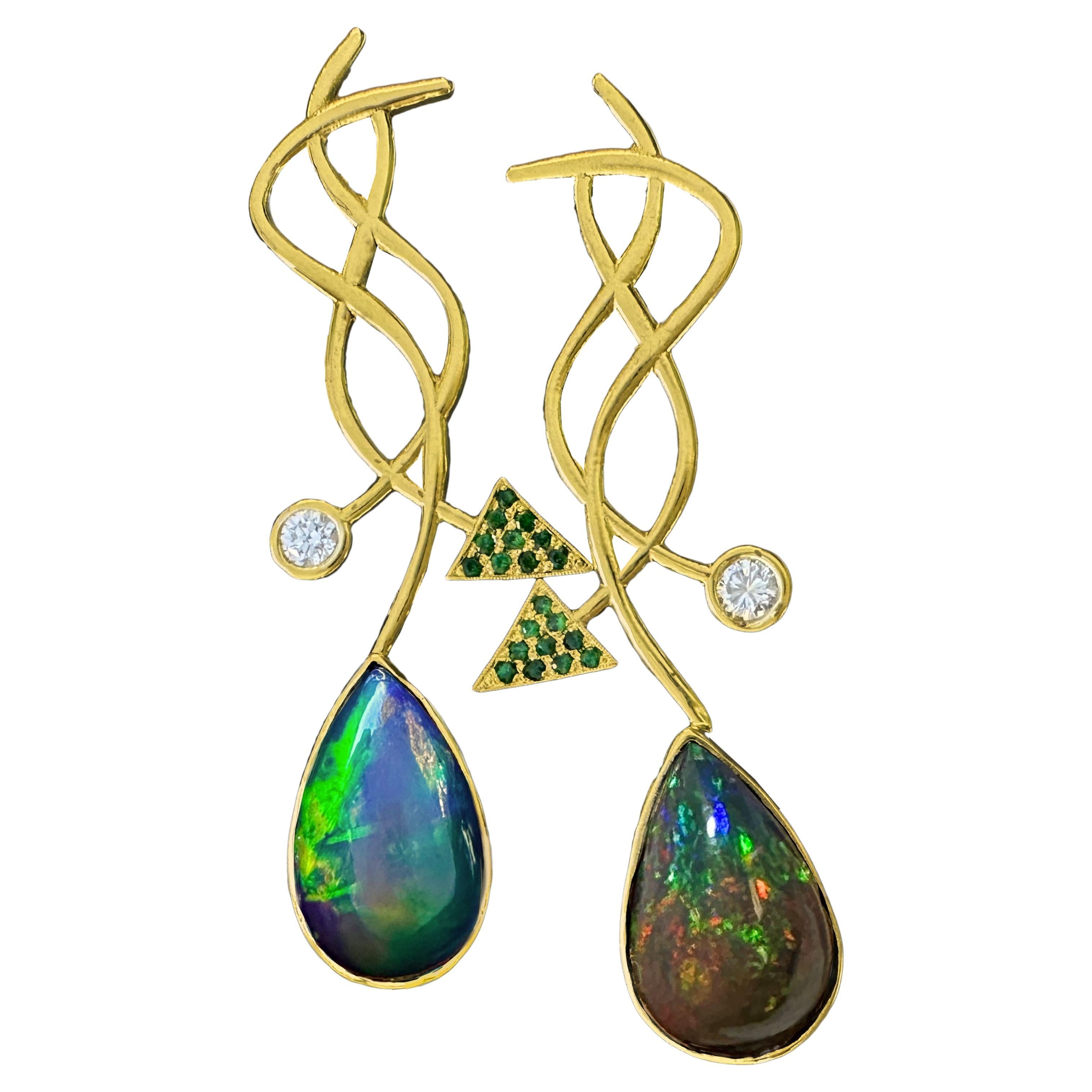 "Vectra" Earrings with Ethiopian Black Opals, Diamonds & Tsavorites in 18K Gold For Sale