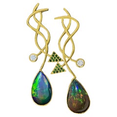 "Vectra" Earrings with Ethiopian Black Opals, Diamonds & Tsavorites in 18K Gold