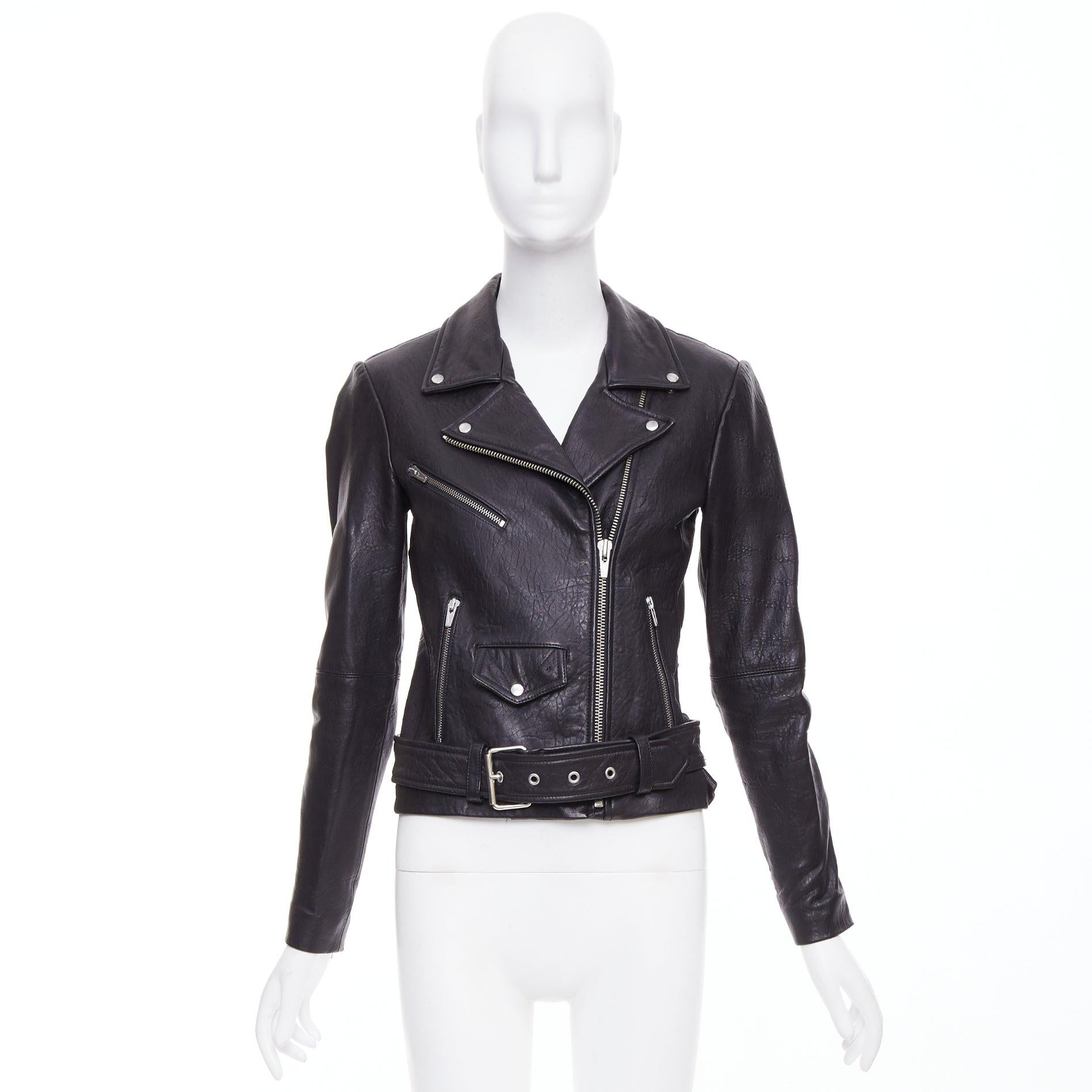VEDA giacca biker con zip in pelle di agnello nera e hardware argento XS in vendita 5