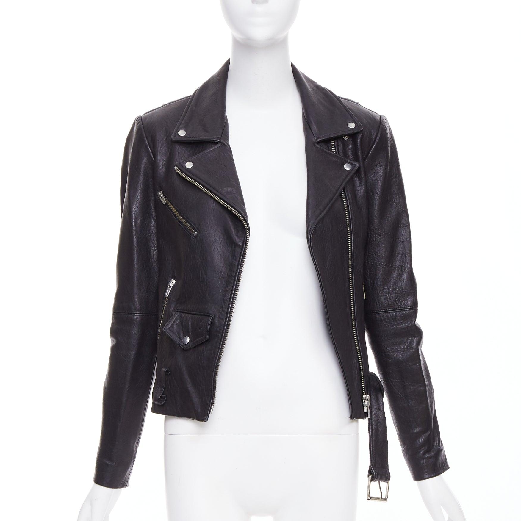 Nero VEDA giacca biker con zip in pelle di agnello nera e hardware argento XS in vendita
